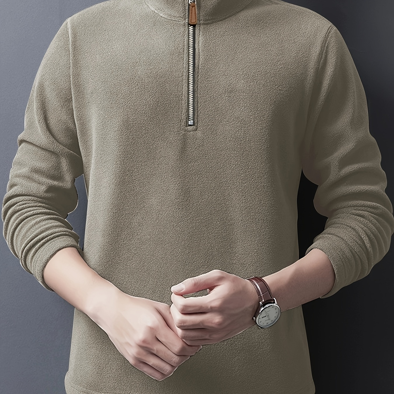 

1pc Fleece Sweatshirt - Polyester Slight , Regular Fit Long Sleeve Half Zip For Fall/