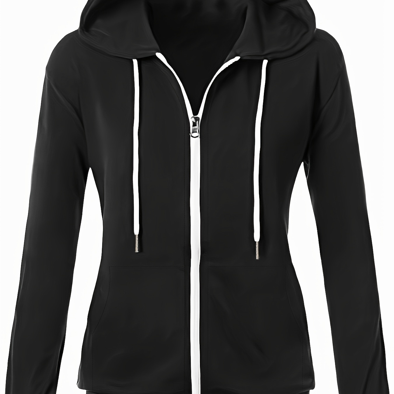 

Contrast Trim Zipper Front Hoodie, Casual Long Sleeve Drawstring Hoodies For Spring & Fall, Women's Clothing