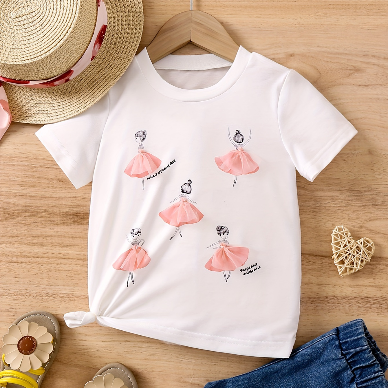 

Casual Ballet Girl Design Mesh Decor Short Sleeve T-shirt Cute Stylish Tees Summer Clothes Gift