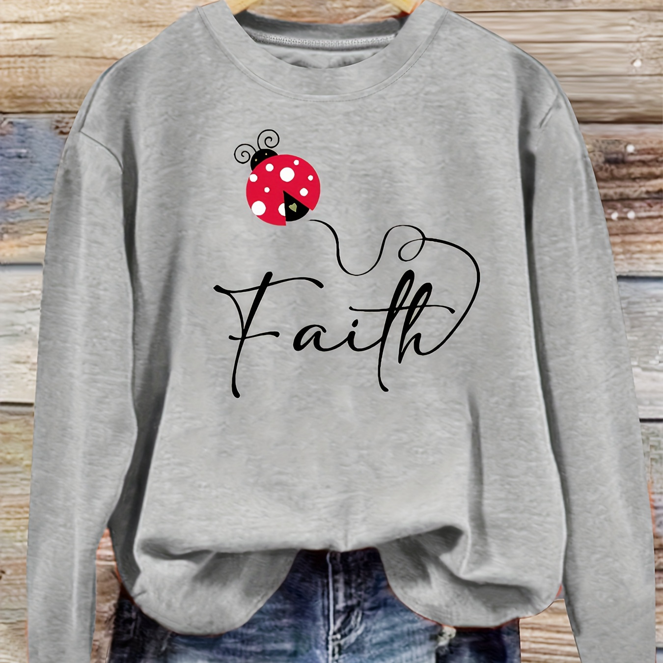 

Women's Casual Long Sleeve T-shirt With Cute Red Ladybug Print - Round Neck, Soft Polyester , Machine Washable - Fall & Winter