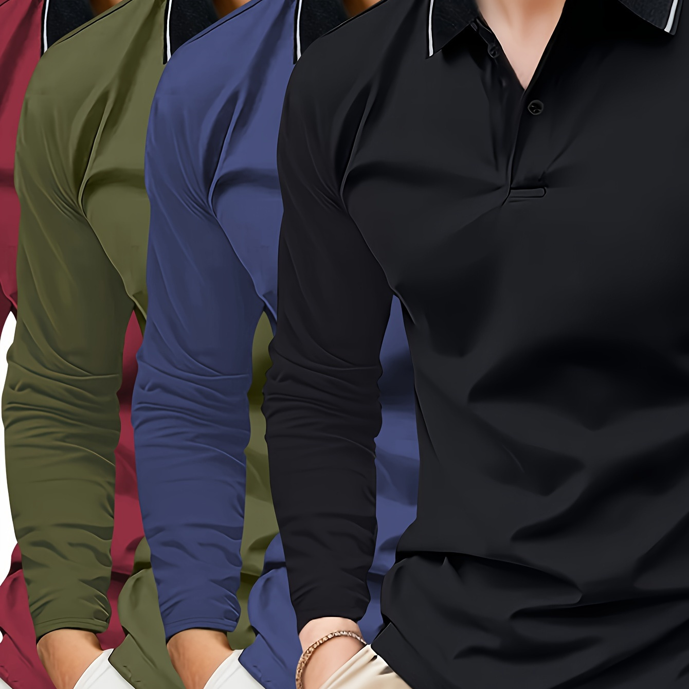 

4pcs Men's Long Sleeve Golf Shirt, Spring And Autumn Lapel Shirt, Simple Solid Color Retro Sports Casual Men's Clothes, Outdoor Top