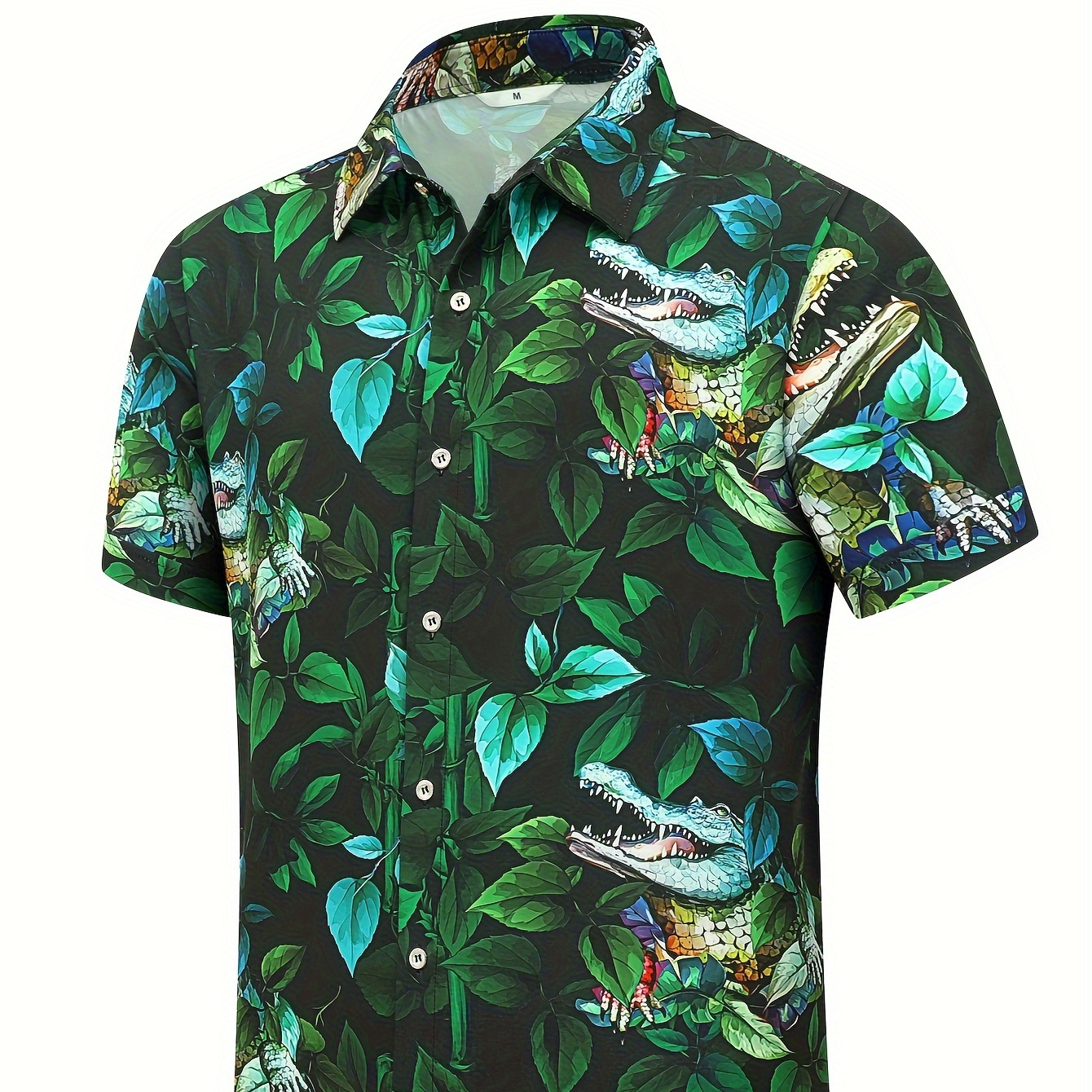 

Green Crocodile, Hawaiian Men's Shirt, Unisex Summer Beach Leisure Vacation Short Sleeved Button Up Half Sleeved 5 Quarter Sleeved Shirt, Printed Tropical Romantic Animal And Plant Wild