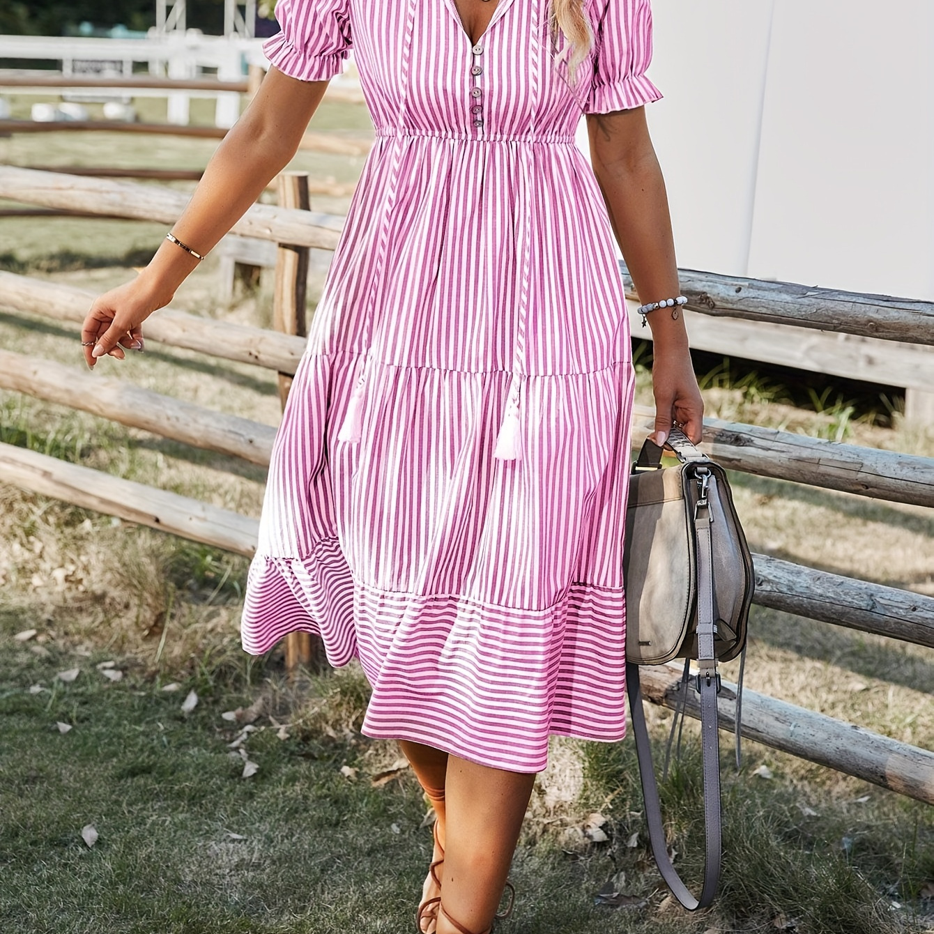 

Striped V Neck Dress, Elegant Short Sleeve Button Decor Dress For Spring & Summer, Women's Clothing