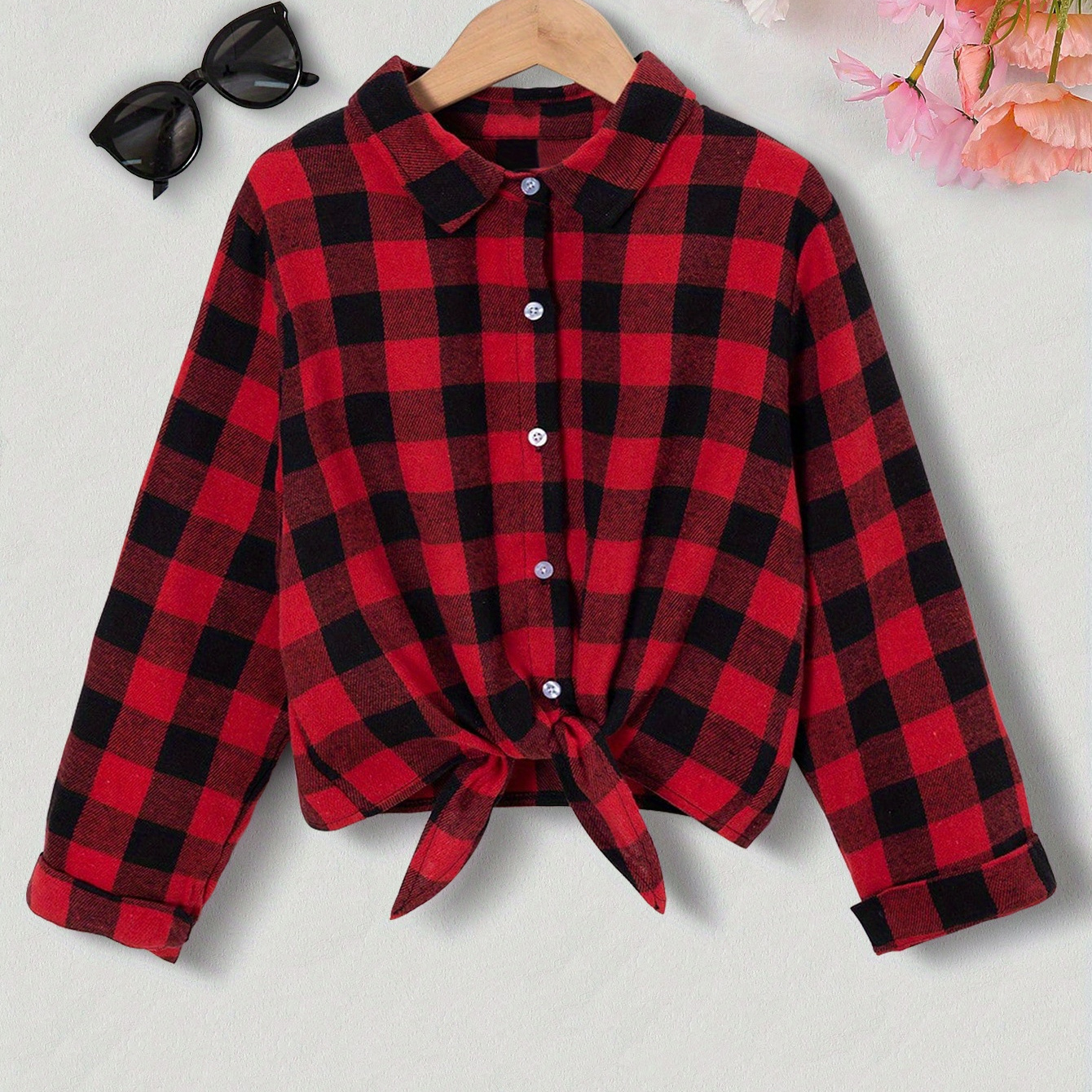 

Girls Tie Knot Plaid Shirt, Classic Style Button-up Long Sleeve Short Jacket Shirt For Spring Fall