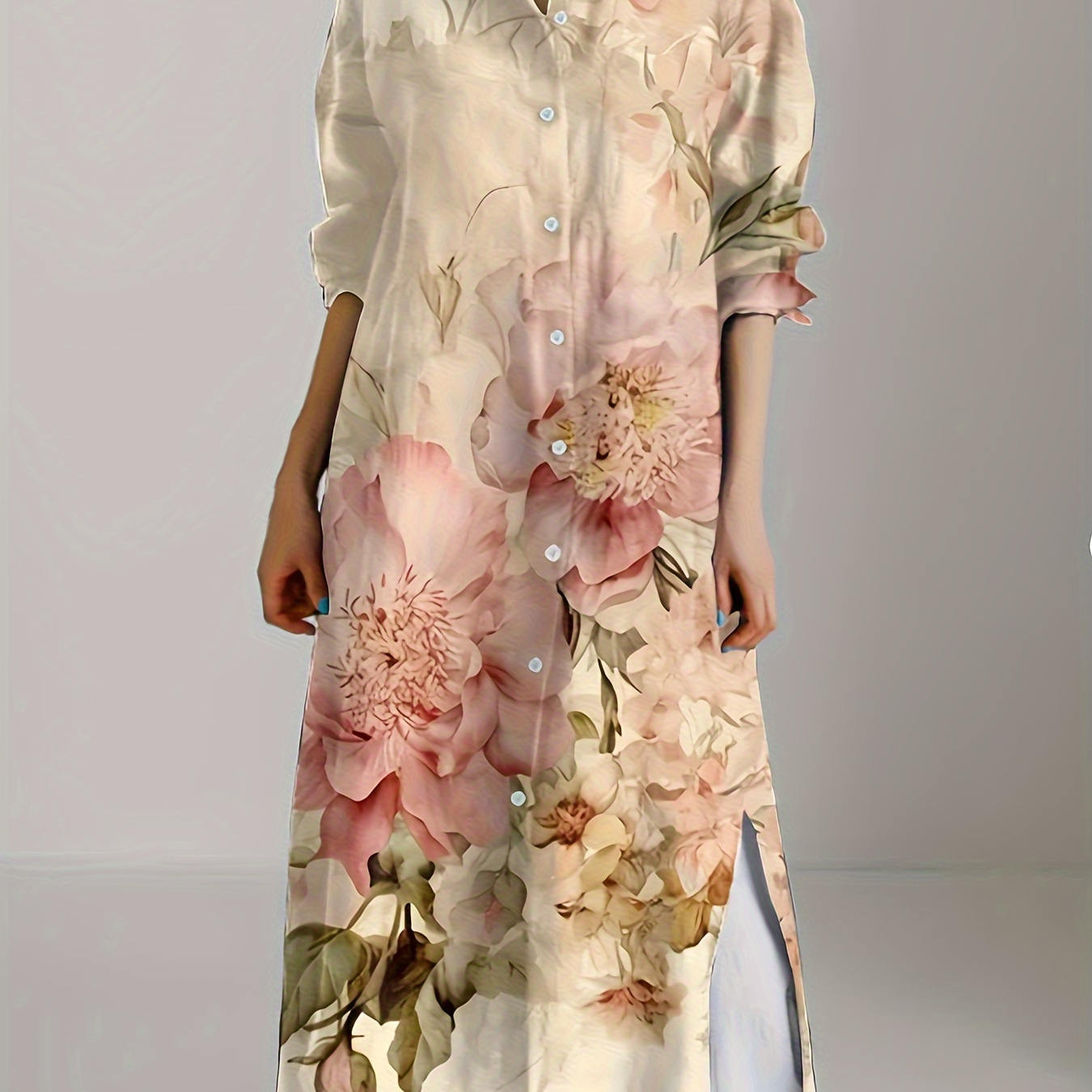 

Chic Vintage Floral Print Long Sleeve Shirt Dress With Side Slit - Casual Polyester , Non-sheer - Spring/summer/fall