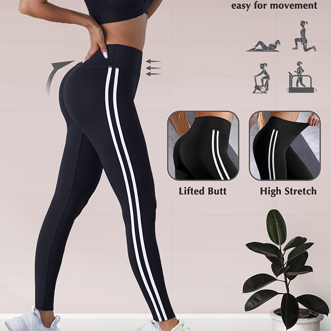 

Women's High-waisted Fitted Side Color- Striped High- Moisture-wicking Solid Color Yoga Leggings