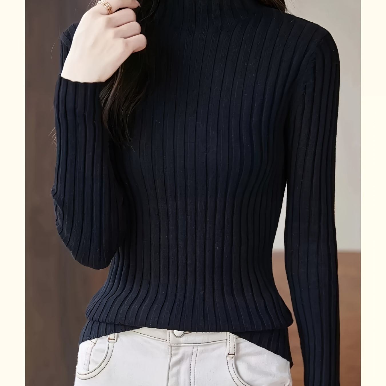 

Elegant High-neck Ribbed Sweater - Polyester Knit Long Sleeve Solid Color Turtleneck Sweater For Women, H-fit, No-pad, Non-slip Shoulder, Umbrella Hem, Spring/fall Collection