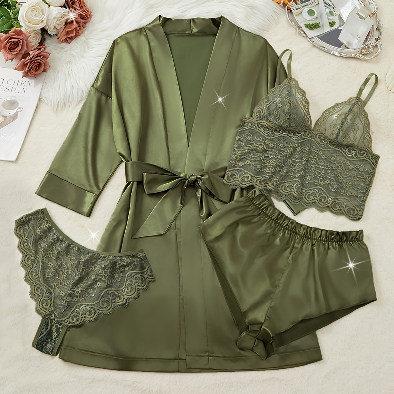 

Solid Color Flowers Lace Elegant Pajama Set, V Neck Semi Sheer Halter Top & Briefs & Satin Shorts & Long Sleeve Robe Belt, Women's Comfortable Pajamas & Loungewear