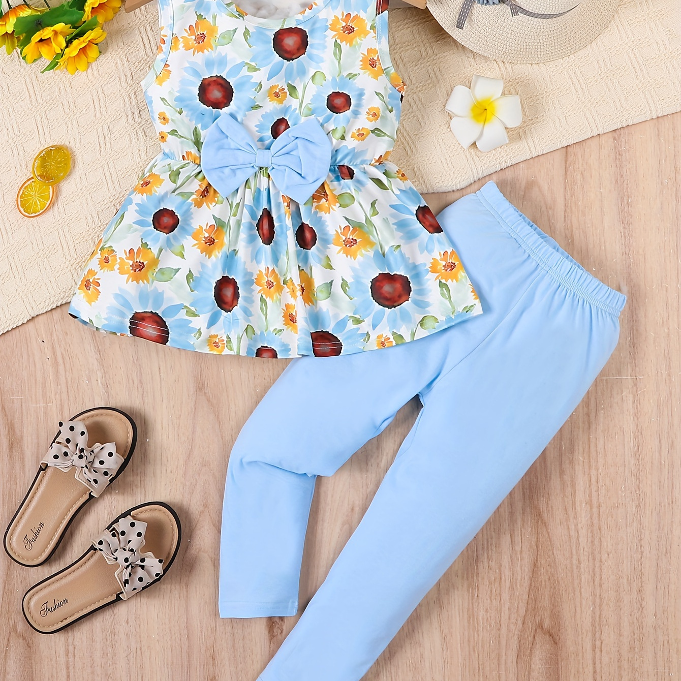 

Girls 2pcs Sweet Floral Bowknot Sleeveless Top & Pants Casual Style Girls Set, Summer Outfit