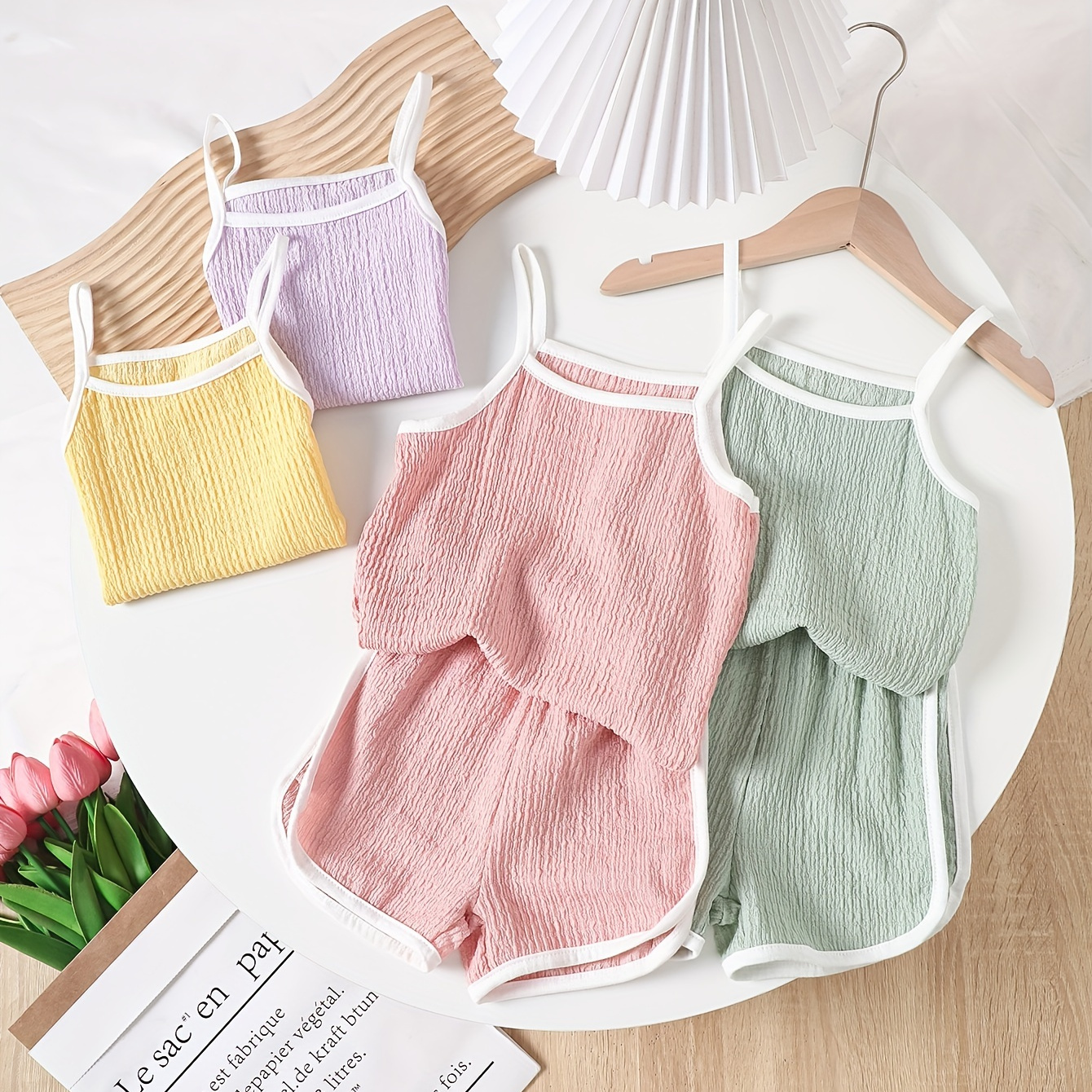 

4pcs Solid Texured Girl's Outfit, Camisole Top + Shorts Set, Daily Casual Girls Summer Clothes