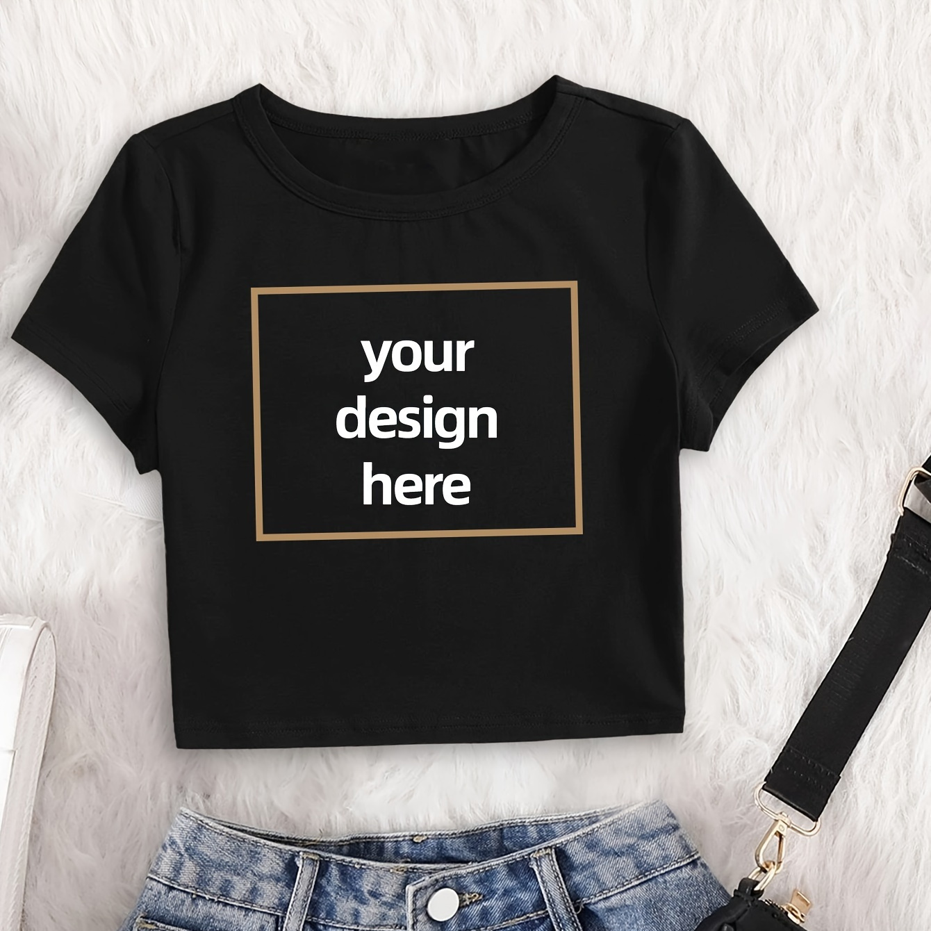 

Customized Picture Print Crop T-shirt, Casual Short Sleeve Crew Neck T-shirt For Spring & Summer, Women's Clothing