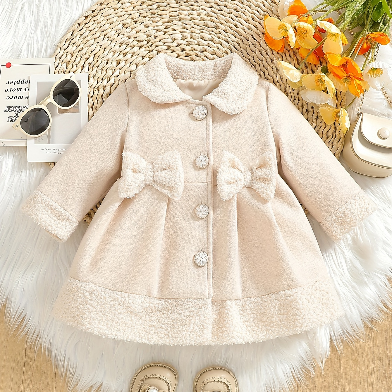 

Baby's Elegant Bow Decor Fuzzy Collar Overcoat, Warm Button Front Coat, Baby Girl's Clothing For Fall Winter Outdoor