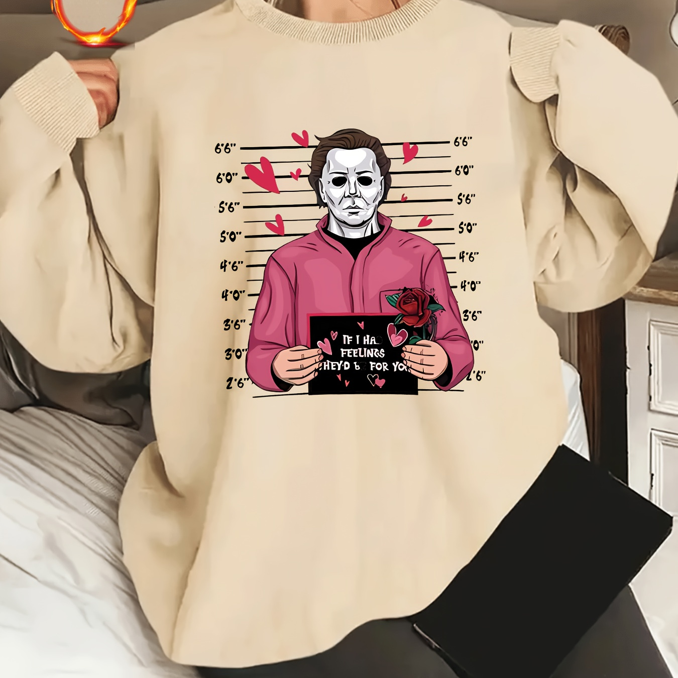 

Cozy And Warm Long Sleeve Sweatshirt For Women, Round Neck, Horror Character Pattern Print, Plush Lined, Thermal Wear For Fall And Winter