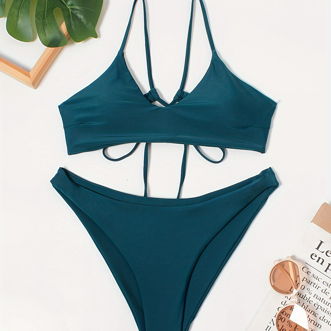 

Dark Green Criss Cross Tie Back Bikini Swimsuit, V Neck Solid Color High Strech 2 Piece Beachwear, Women's Swimwear & Clothing