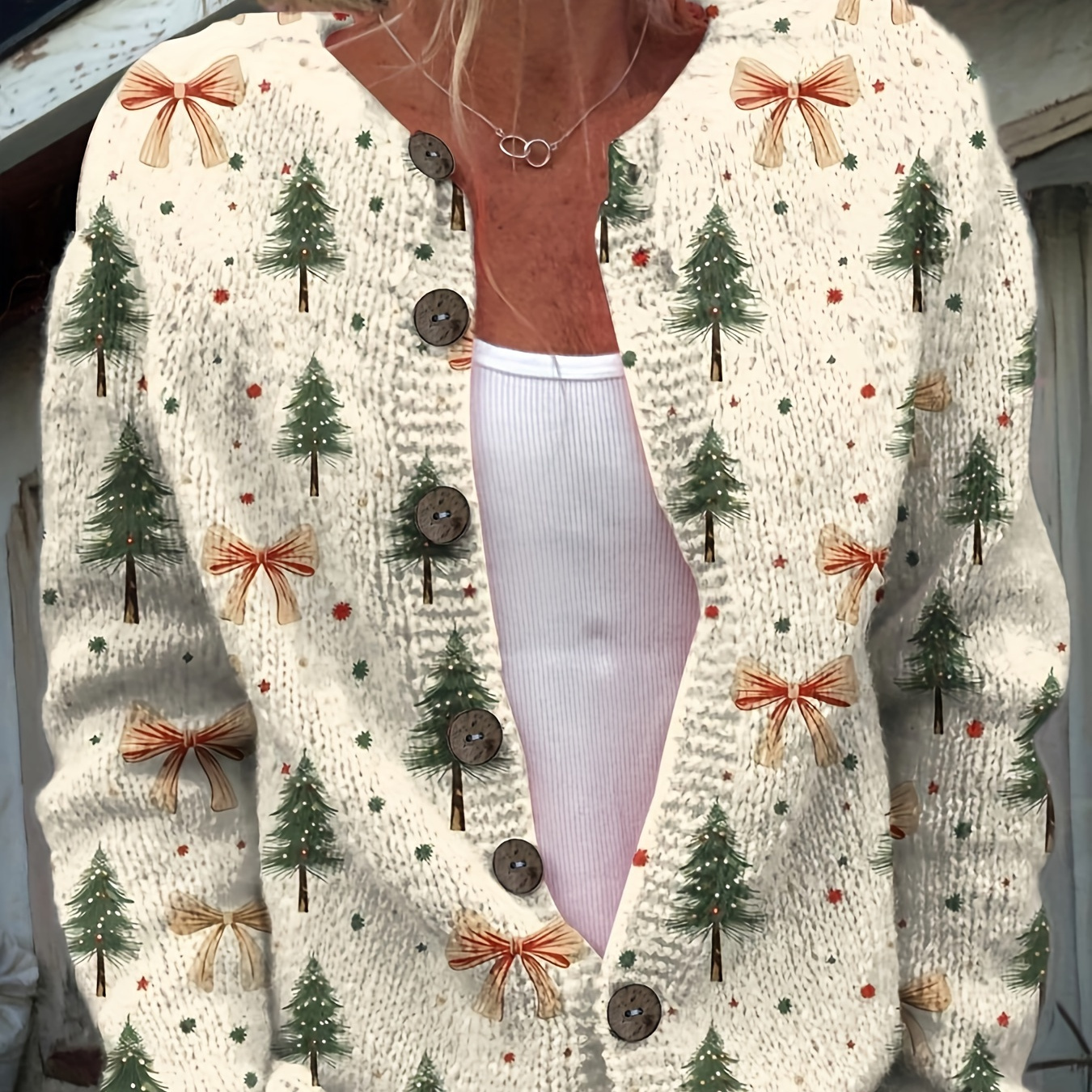 

Women's 3d Printed Christmas Tree And Bow Cardigan, Crew Neck, Polyester Knit Sweater With Button For All