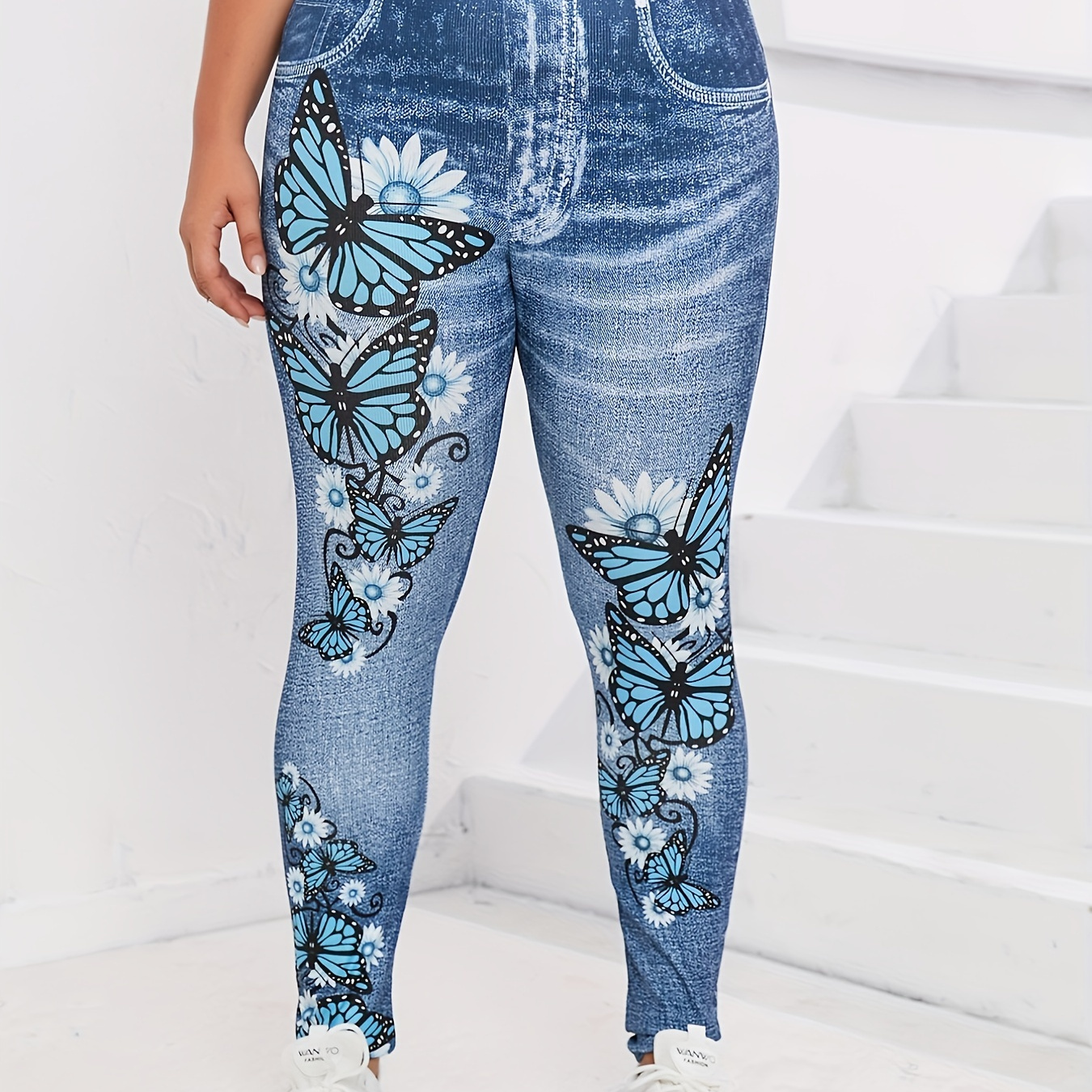 

Women' Leggings, Plus Size Floral Butterfly Faux Denim Print High Stretch Y2k Workout Leggings Suitable Spring/autumn