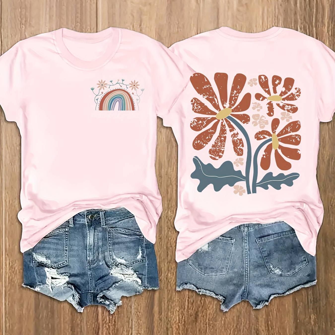 

Plus Size Floral & Letter Print T-shirt, Casual Short Sleeve Top For Spring & Summer, Women's Plus Size Clothing