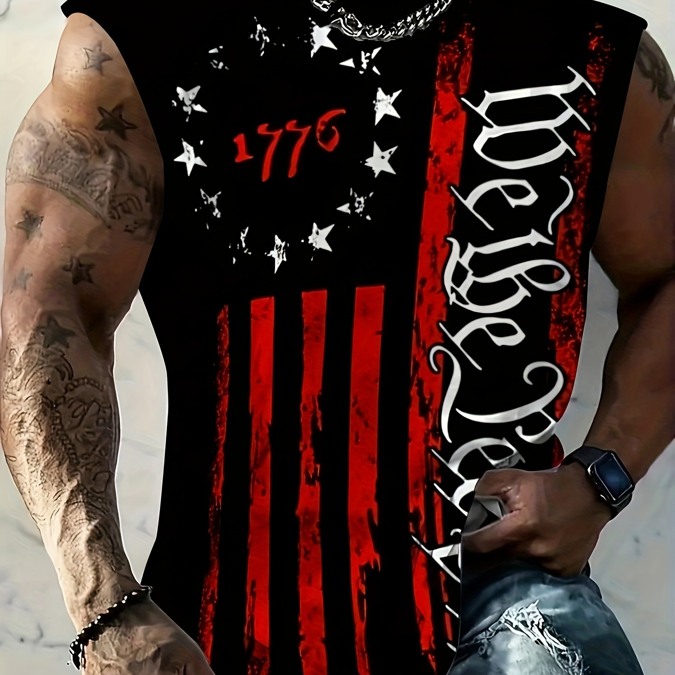 

Men's Patriotic Print Sleeveless Vest, Casual Crew Neck Polyester Knit Fabric, Summer Fit T-shirt For Basketball & Fitness Training, 95% Polyester 5% Spandex, Regular Size, Plus Size