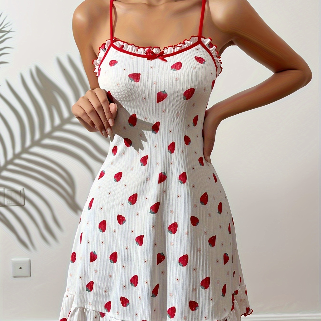 

Strawberry Print Slip Nightdress, Crew Neck Lettuce Trim Sleep Dress, Women's Sleepwear & Dresses