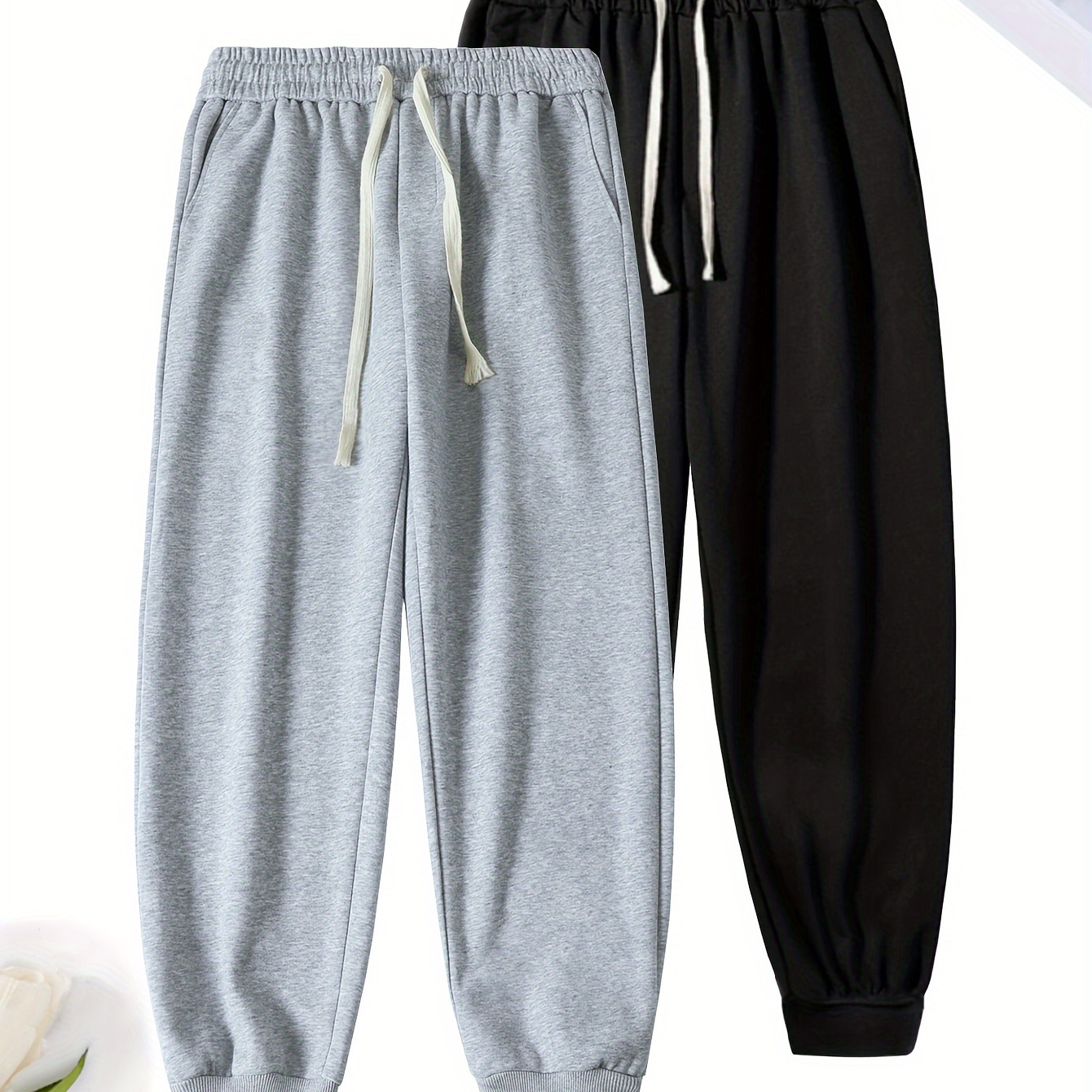 

2 Pcs Men's Pants With Pockets, Active Drawstring Joggers For Outdoor Activities Gift