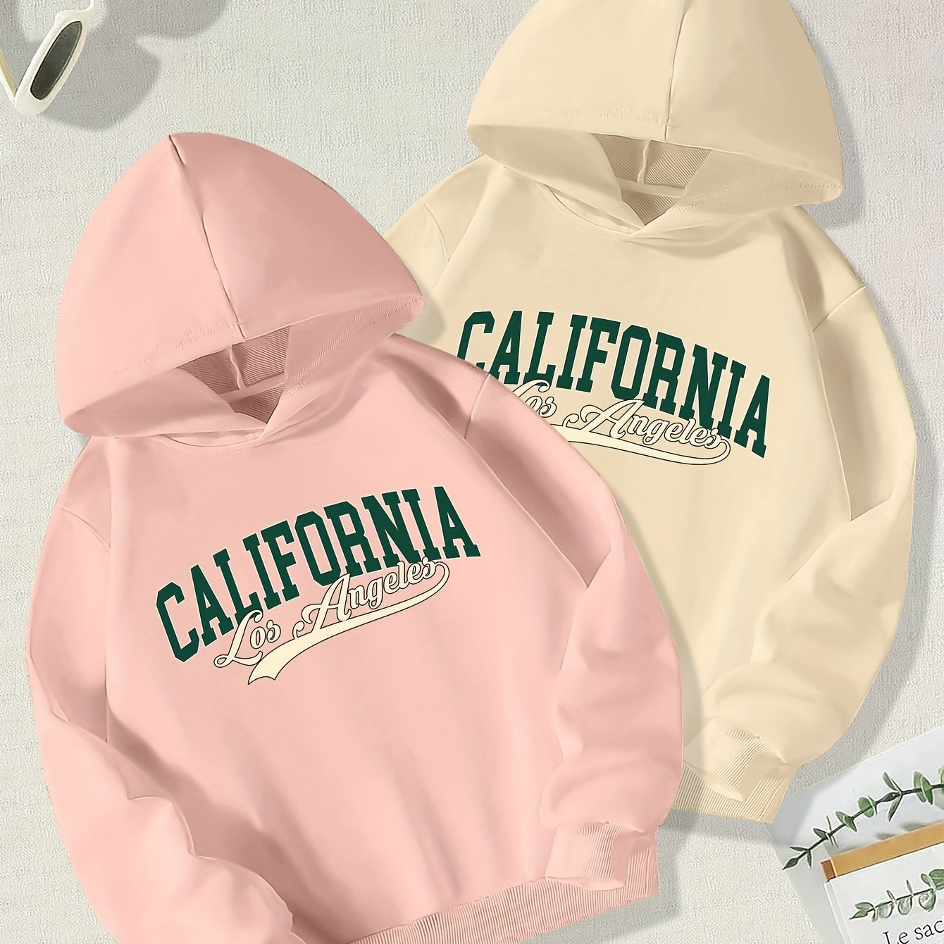 

2-Pack Sweatshirts à capuche décontractés en polyester pour filles avec imprimé California Los Angeles, Pullover et confortable à manches longues avec applique de lettres pour /hiver