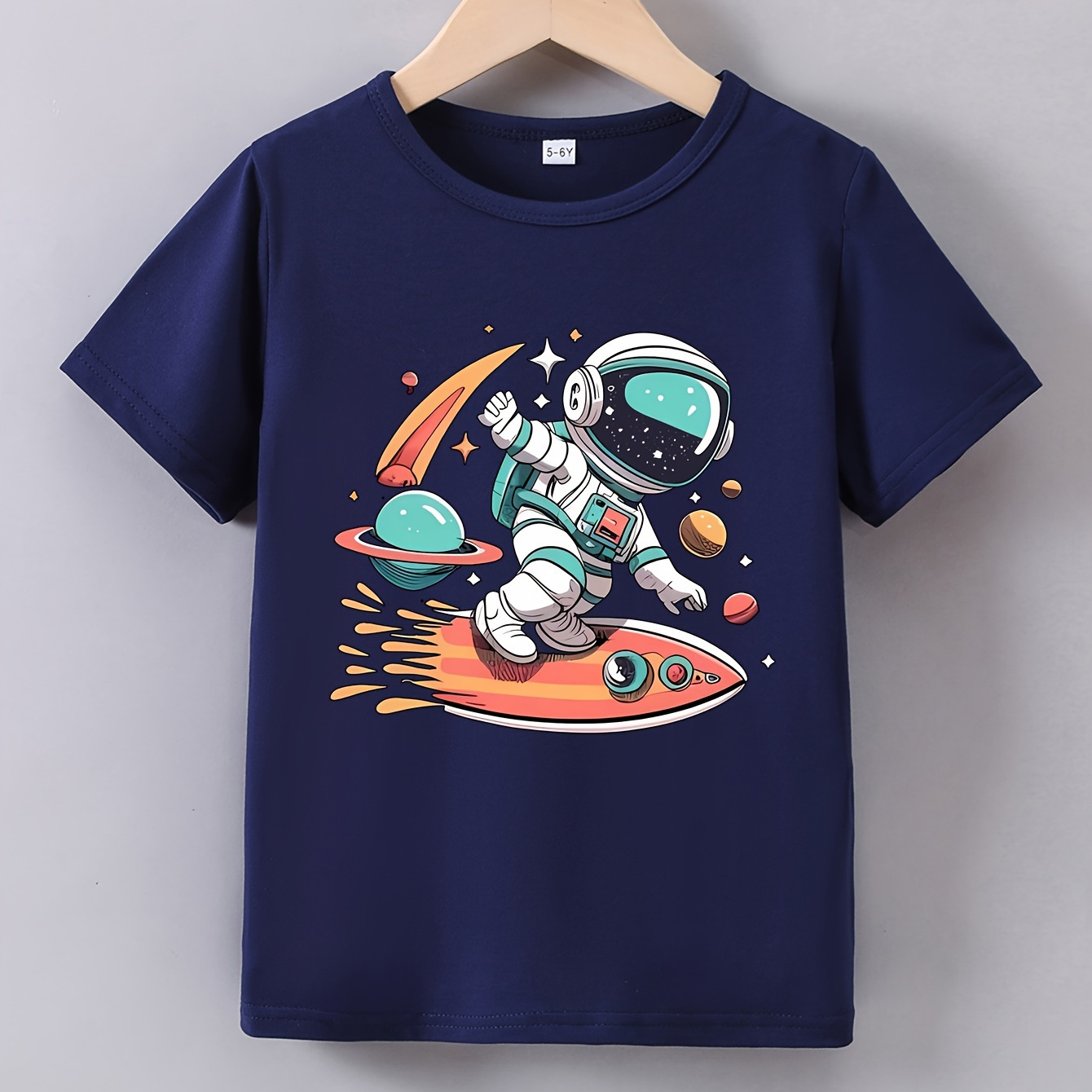 

Astronaut Rocket Print Crew Neck T-shirt For Boys, Casual Short Sleeve Top, Boy's Clothing For Summer Daily Wear