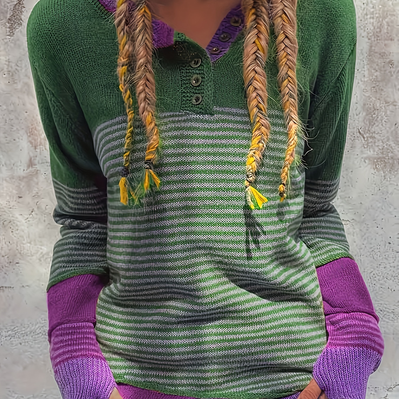 

Women's Striped Knit Sweater - Elegant Polyester, Machine Washable, V-neck Pullover With Braided Detail, Long Sleeves