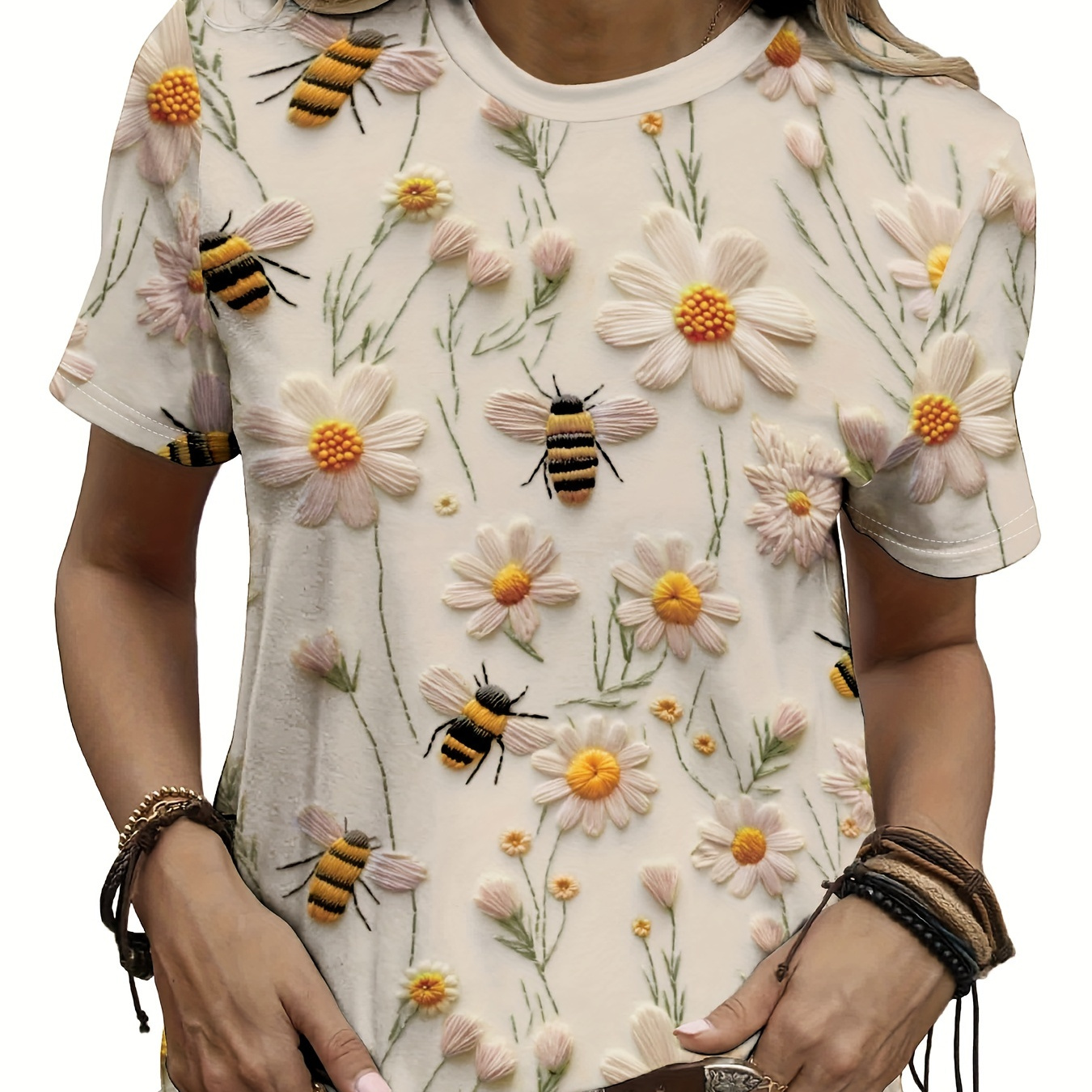 

Bee ＆ Floral Print Crew Neck T-shirt, Casual Short Sleeve T-shirt For Spring & Summer, Women's Clothing