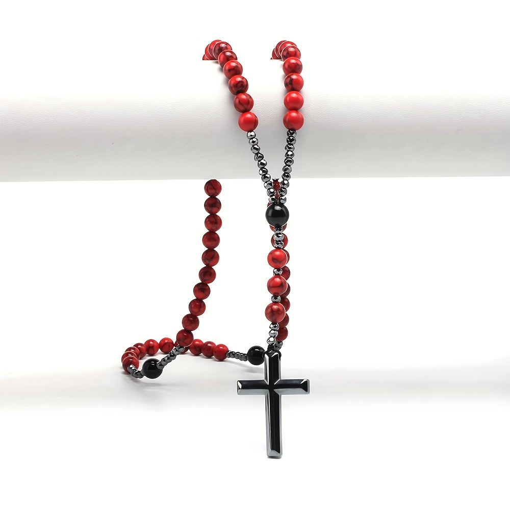 

Cross-border Export Natural Stone 8mm Red Pine Stone Black Agate Black Gallstone Cross Rosary For Men Long Chain