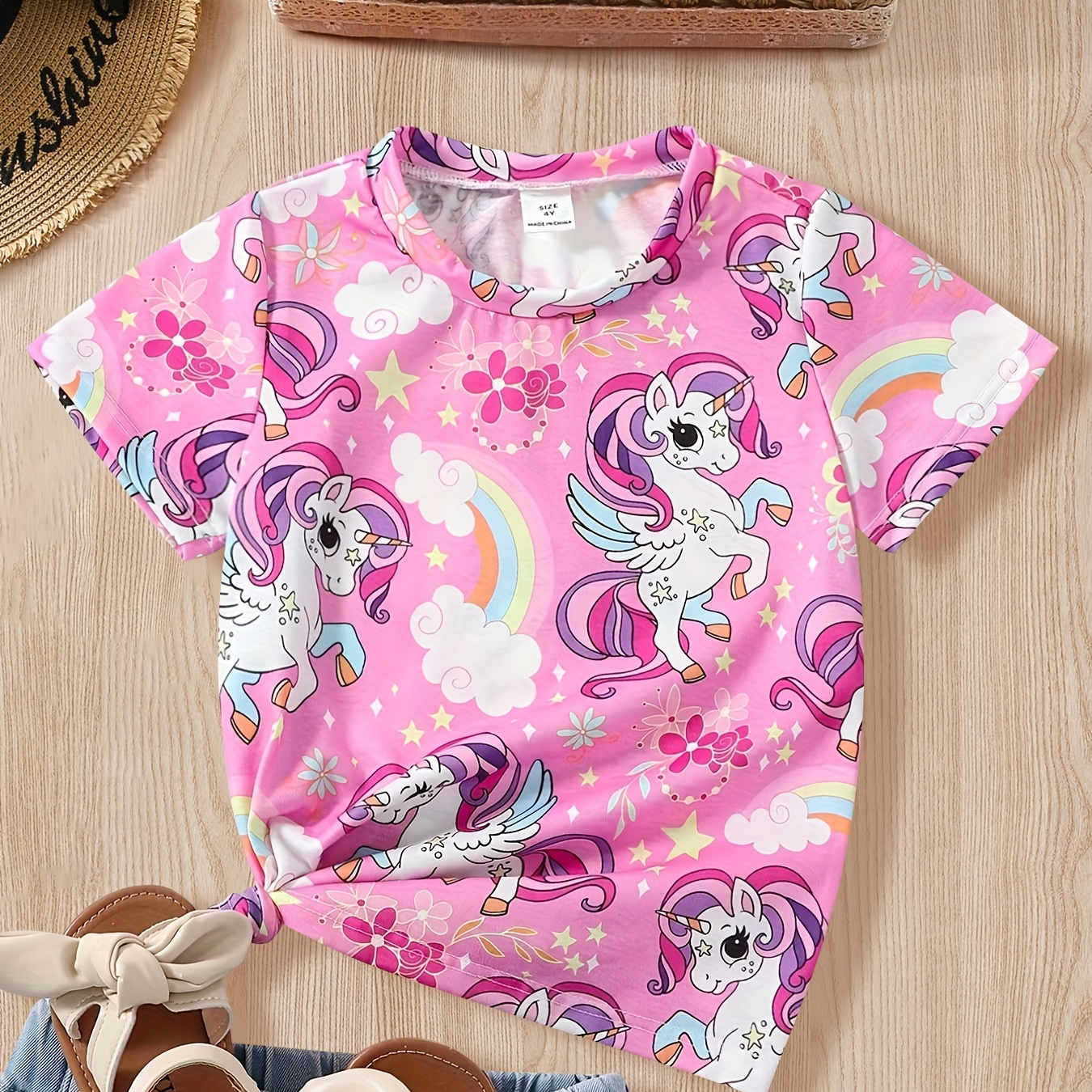 

Girls Unicorn Pony Allover Print Short Sleeve T Shirt Casual Round Neck Summer Tops Tee For Kids