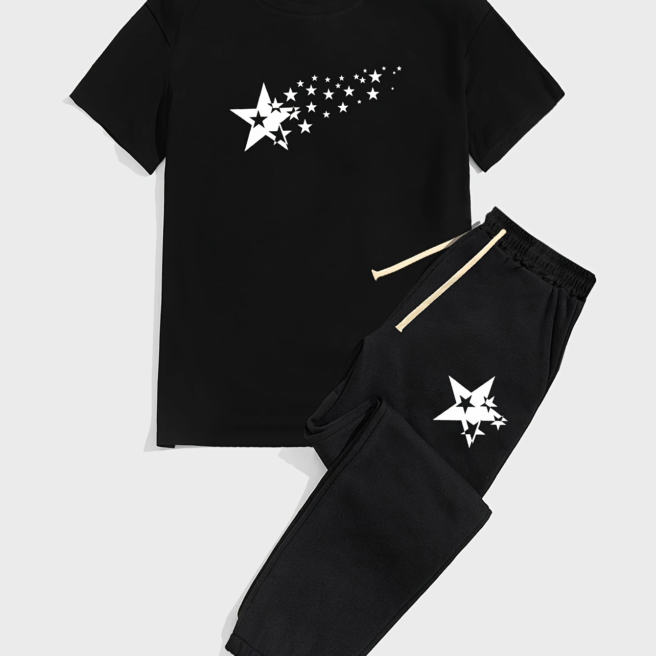 

Stars Pattern Print Men's Short Sleeve Round Neck Street Casual Sports And Fashionable T-shirt, Elastic Drawstring Trousers, T-shirt And Pants Two-piece Set, For Outdoor, For Summer