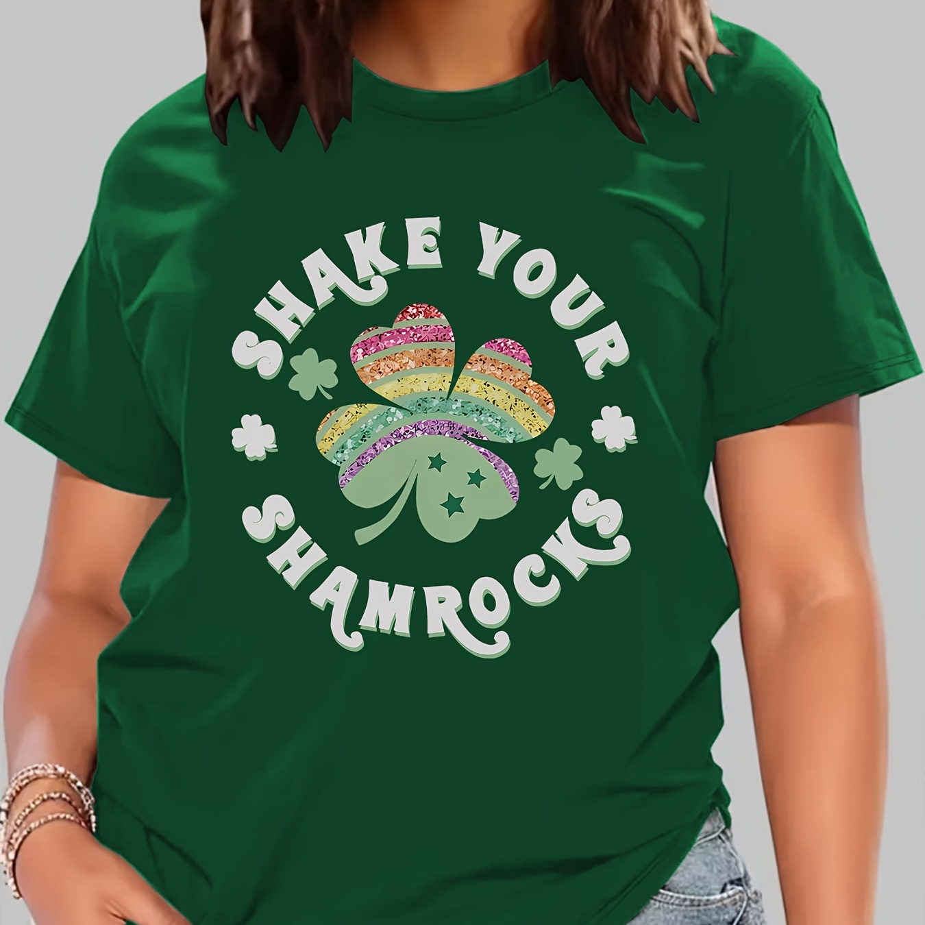 

Women's St. Patrick's Day Sports T-shirt Top, Plus Size Colorful Clover & Slogan Print Stretchy Round Neck Breathable Short Sleeve Fitness Tee Top
