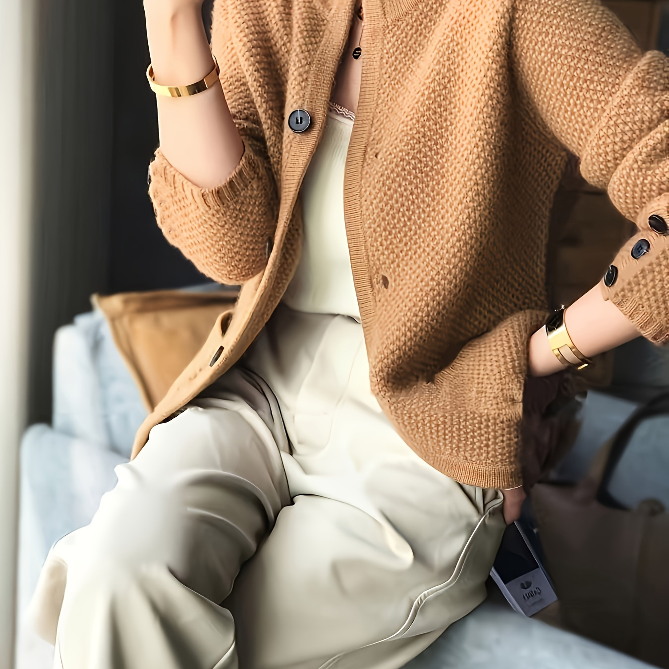 

Cardigans de Couleur Unie Boutonnés Sur Le Devant, Haut Décontracté À Manches Longues Et Col Avec Poches Latérales Pour Tous , Vêtements Pour Femmes