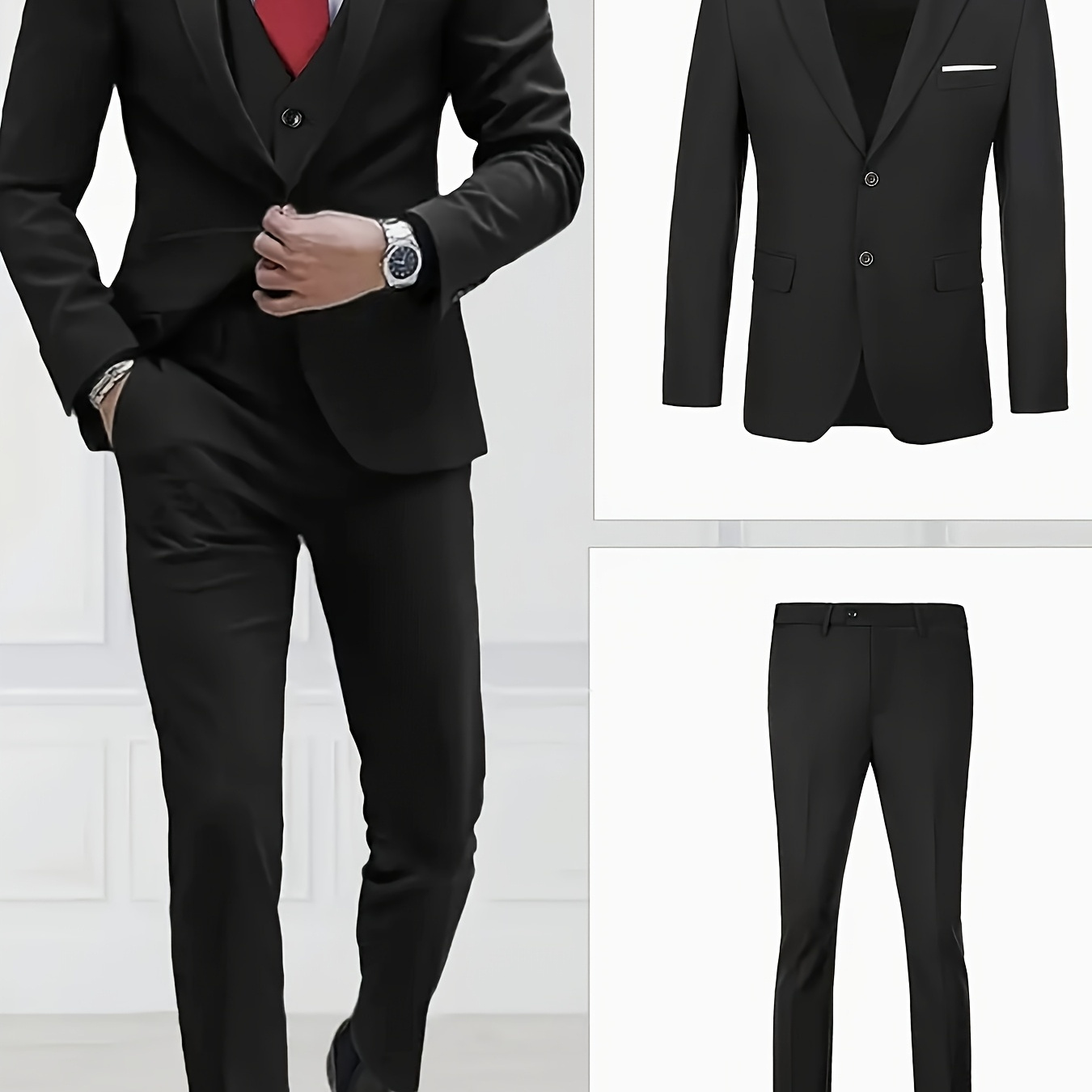 

Ensemble Costume 3 Pièces pour Homme avec Blazer, Gilet & Pantalon - Polyester, Couleur Unie, Manches Longues, Tenue pour Mariage et Fête, Style , Robe