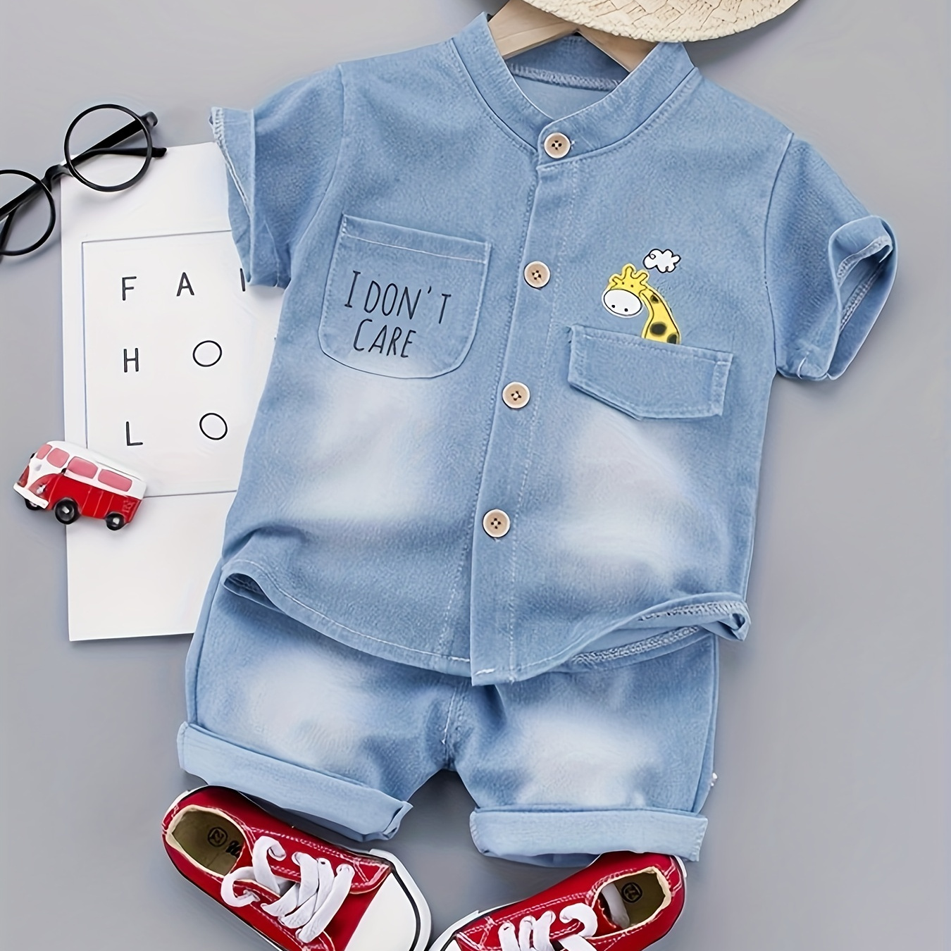 

Newborn Baby Boys Casual Trendy Cute Cartoon Faded Denim Short Sleeve Top & Shorts Set For Summer Holiday Party Baby Clothes