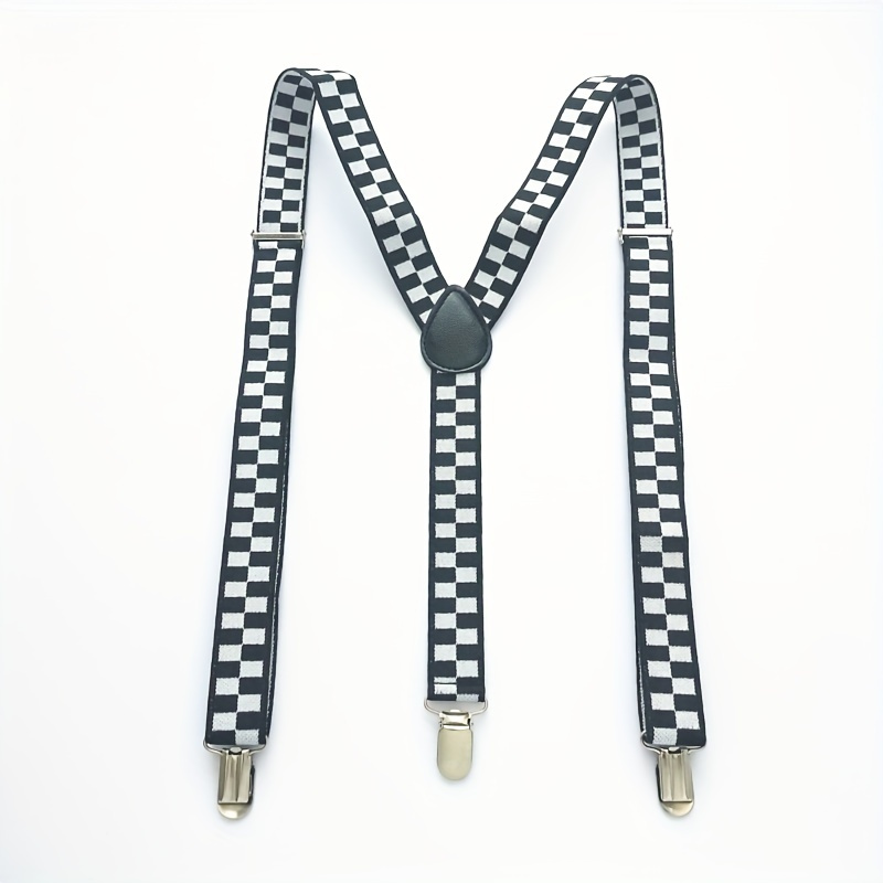 

Black White Plaid Men's Suspenders, Adjustable Elastic Strap Y-back Braces