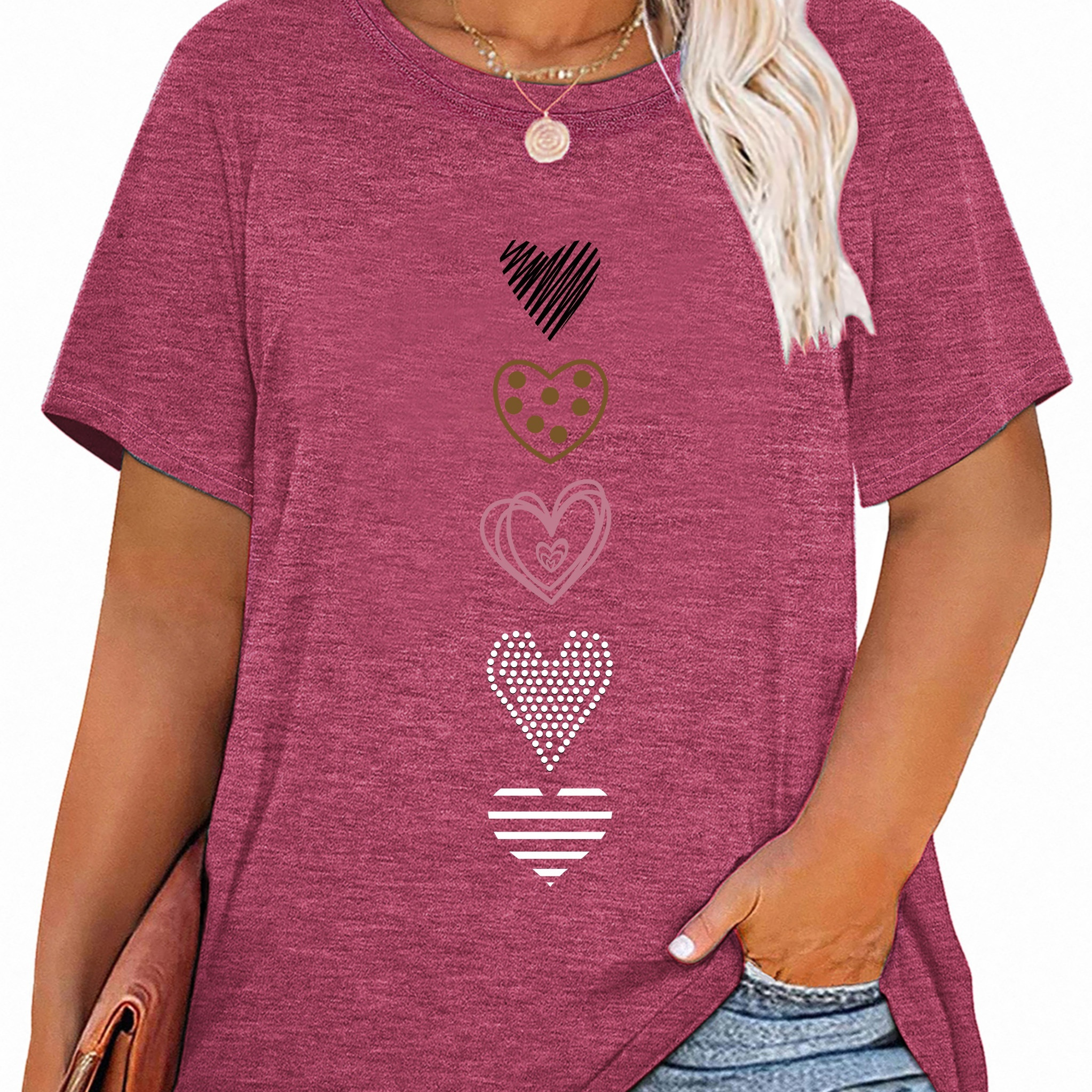 

Plus Size Casual Crew Neck T-shirt With Heart Applique - Polyester Blend Knit Fabric With Medium Stretch, Season-neutral Top