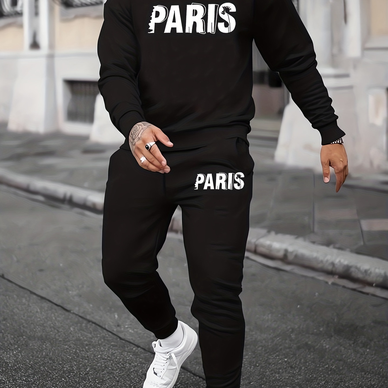 

Paris Pattern Print Two-piece Set, Men's Long Sleeve Crew Neck Street Casual Sports And Fashionable Pullover Sweatshirt, Elastic Drawstring Sweatpants, For Outdoor Sports, For Fall Winter