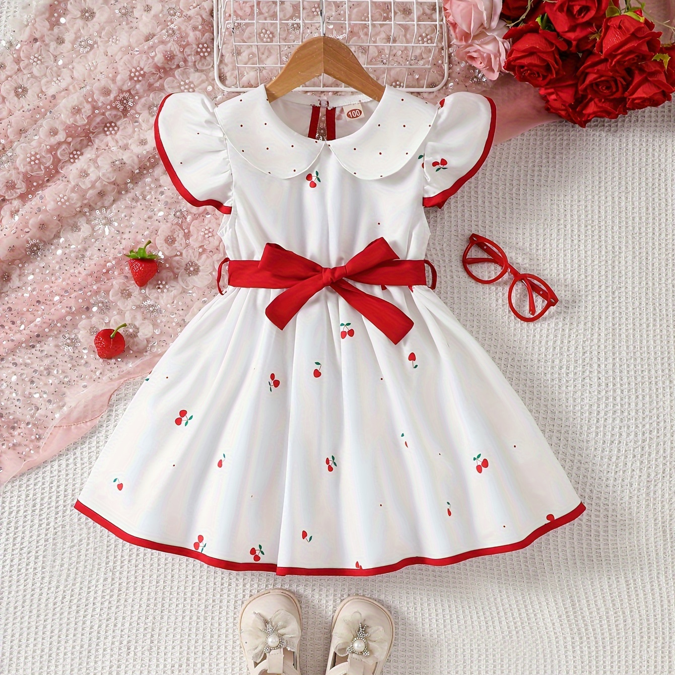 

Robe à manches courtes à imprimé cerise pour bébé, robe pour fille de 0 à 3 ans, pour tous les jours, les vacances ou les fêtes, comme cadeau.