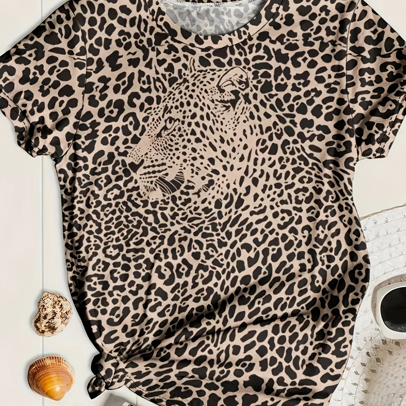 

1pc Women's Plus Size Casual Leopard Print T-shirt - Polyester Knit Crew Neck Long Sleeve Top With Stretch, Machine Washable, Fit