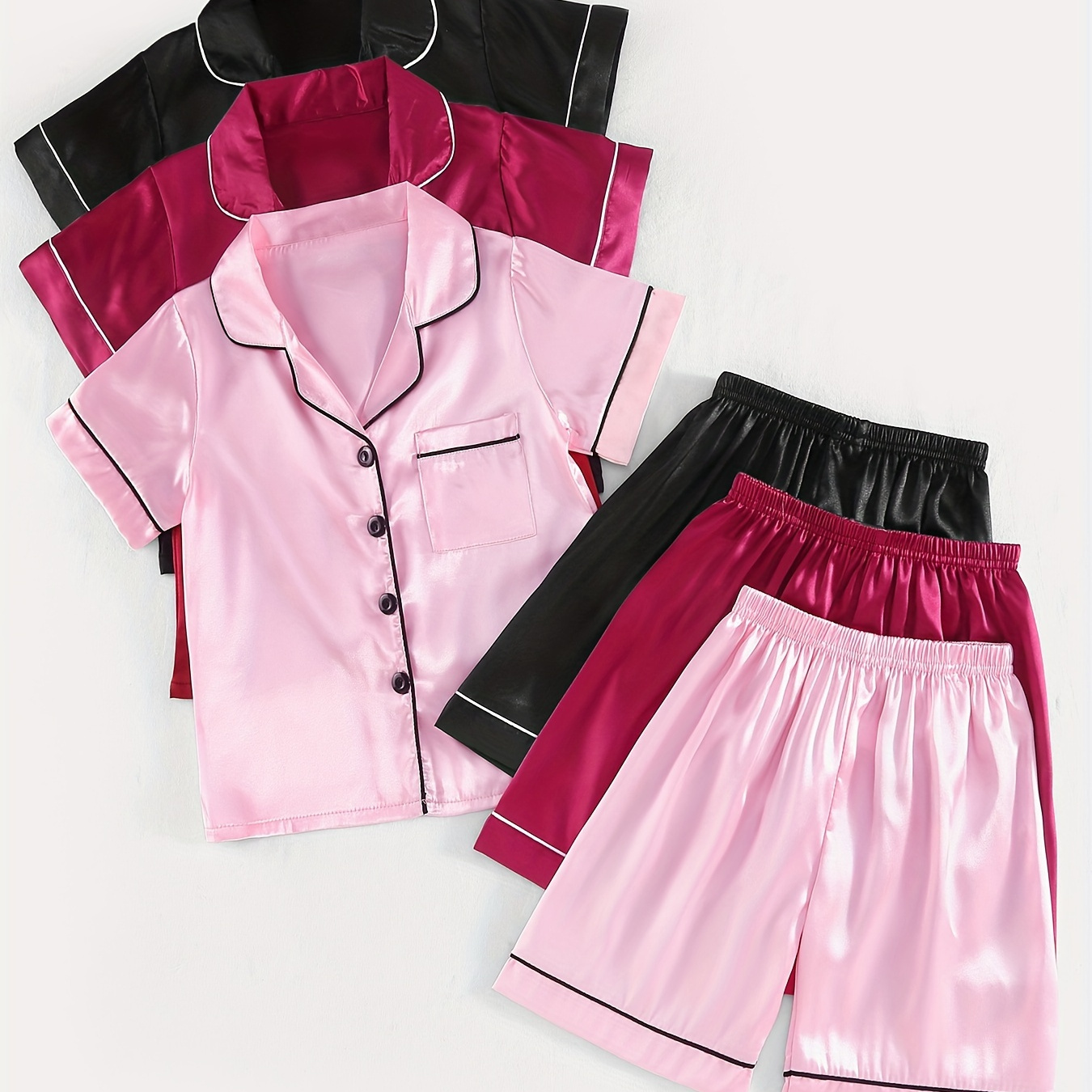 

Girls 6pcs Pajama Sets Solid Color Lapel Front Buckle Chest Pocket Short Sleeve Top & Matching Shorts Casual Pj Sets