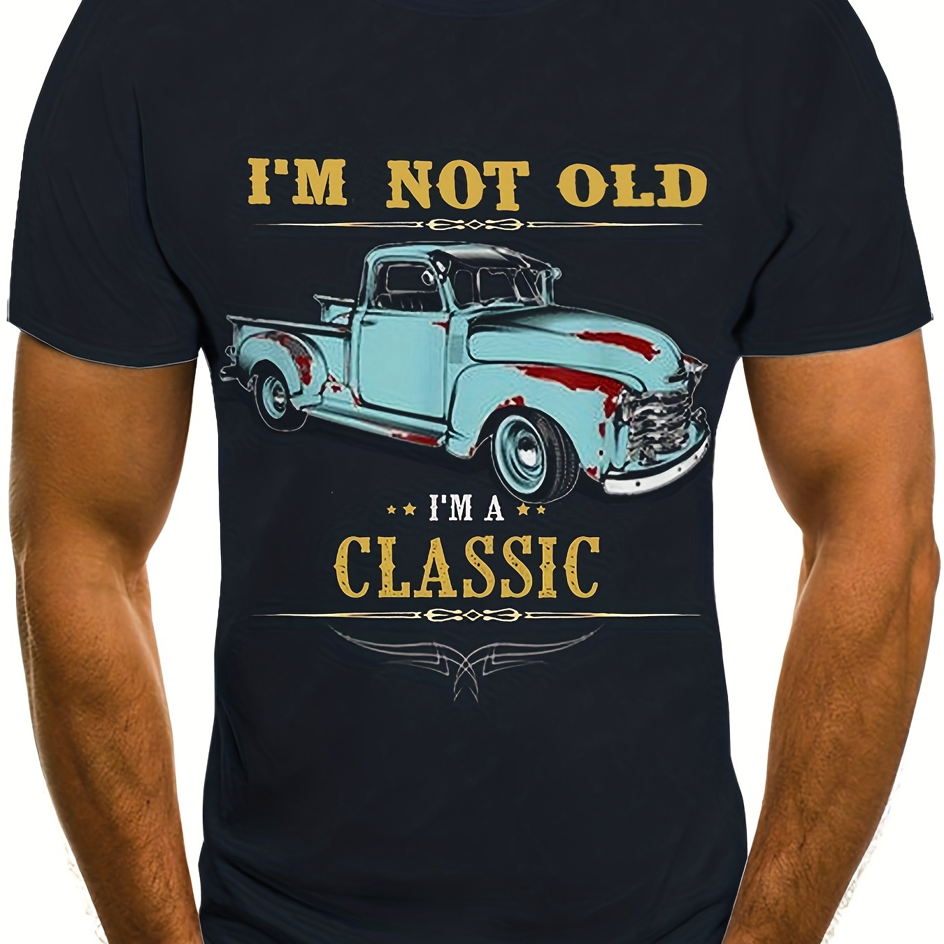 

Men's Retro Style Car Pattern And Alphabet Print "i'm Not Old I'm Classic" T-shirt With Crew Neck And Short Sleeve, Stylish And Chic Tops For Summer Leisurewear