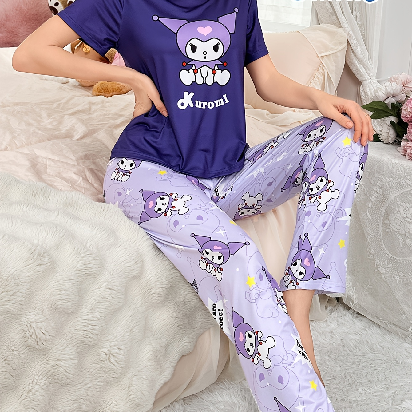 

Sanrio Kuromi Women's Pajama Set - Cozy & Cute Cartoon Print, Short Sleeve Round Neck Top With Long Pants, Machine Washable