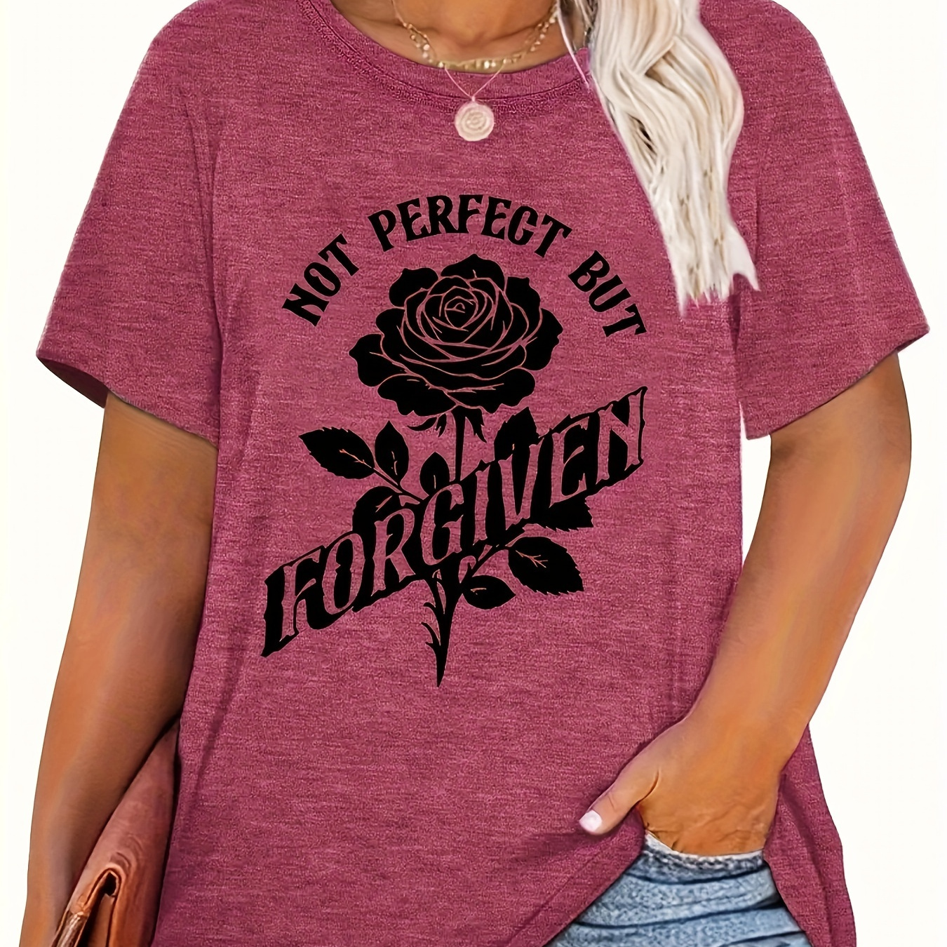 

Women's Plus Size Casual Crew Neck T-shirt With " But " Floral Print - Polyester, Cotton, Spandex , Knit Fabric With Slight Stretch For All