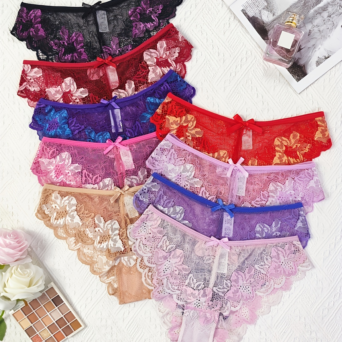 

9pcs Floral Embroidery Lace Briefs, Hot Low Waist Stretchy Intimates Panties, Women's Lingerie & Underwear