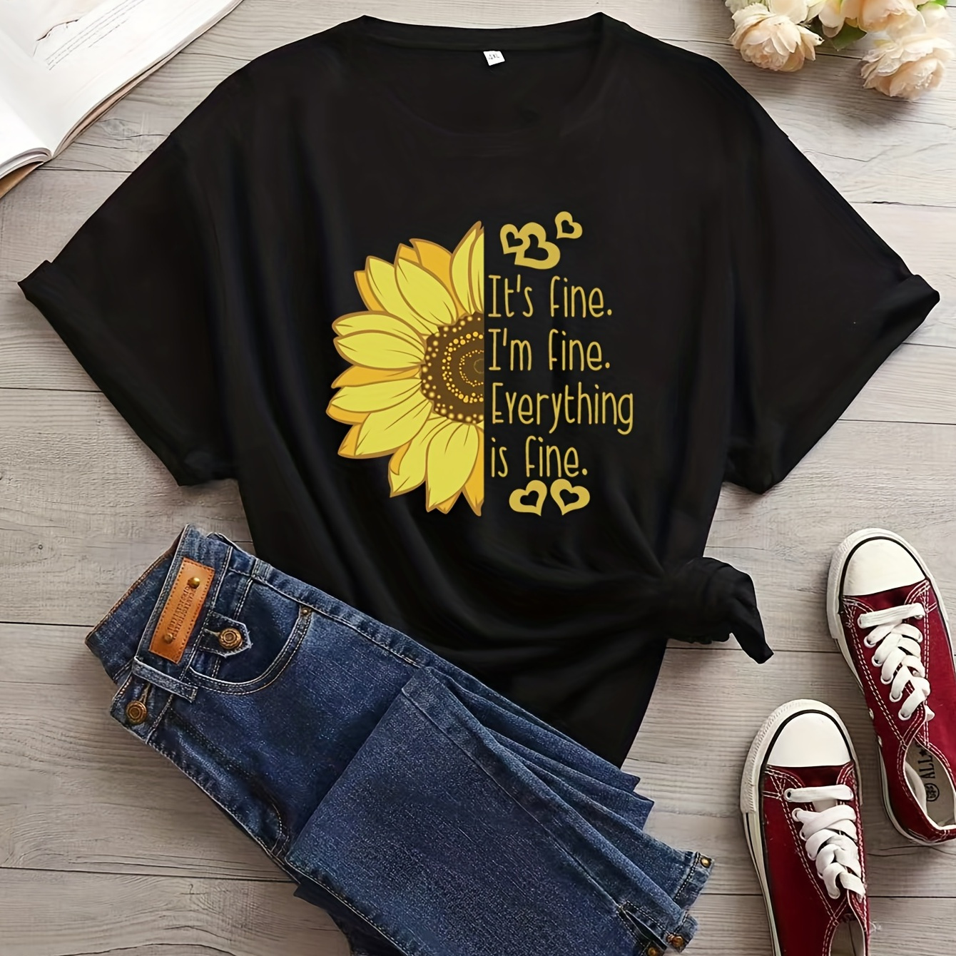 

Plus Size Casual T-shirt, Women's Plus Sunflower & Heart Print Short Sleeve Round Neck Slight Stretch T-shirt