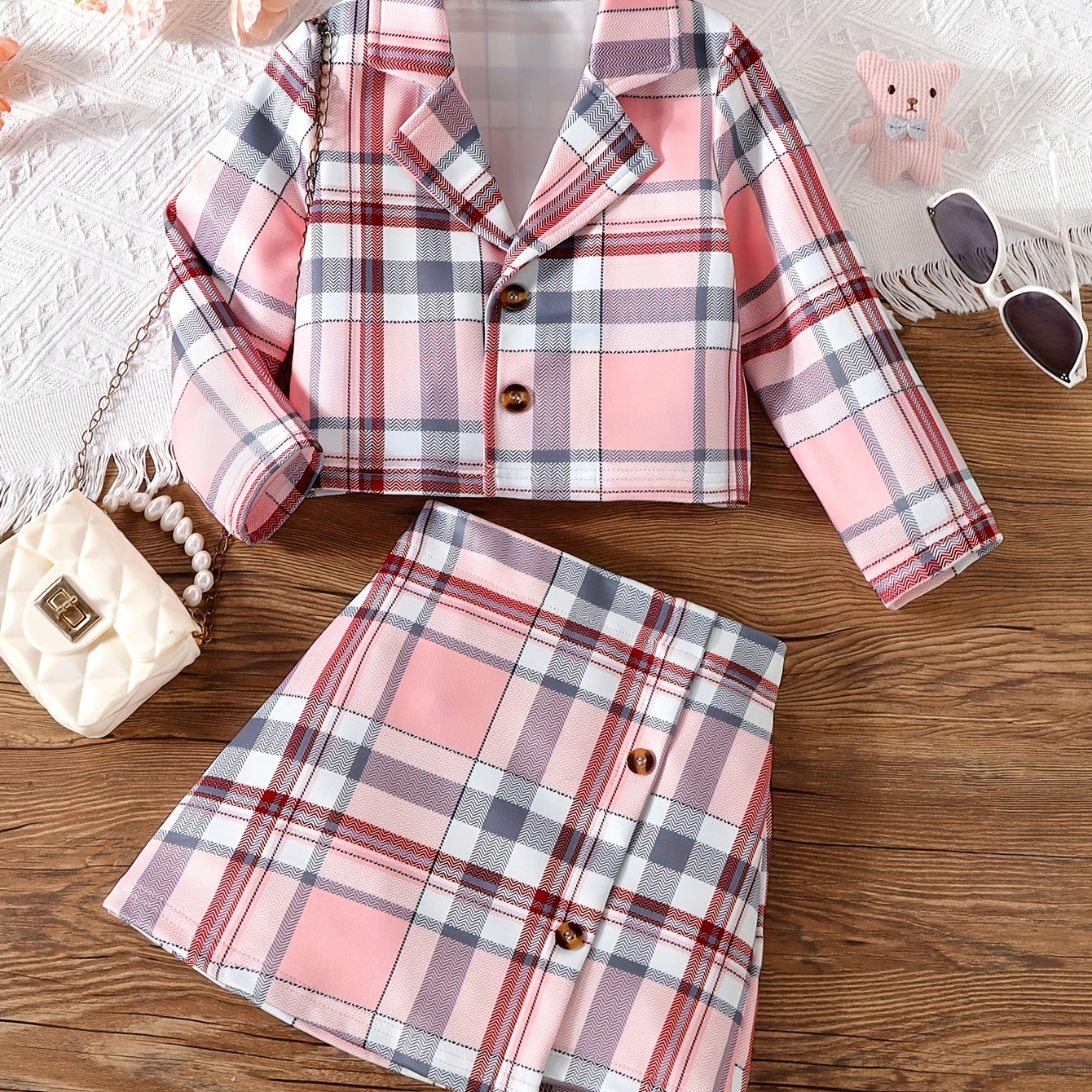 

2pcs Girl's Plaid Pattern Suit Outfit, Blazer & Skirt Set, Kid's Clothes For Spring Autumn