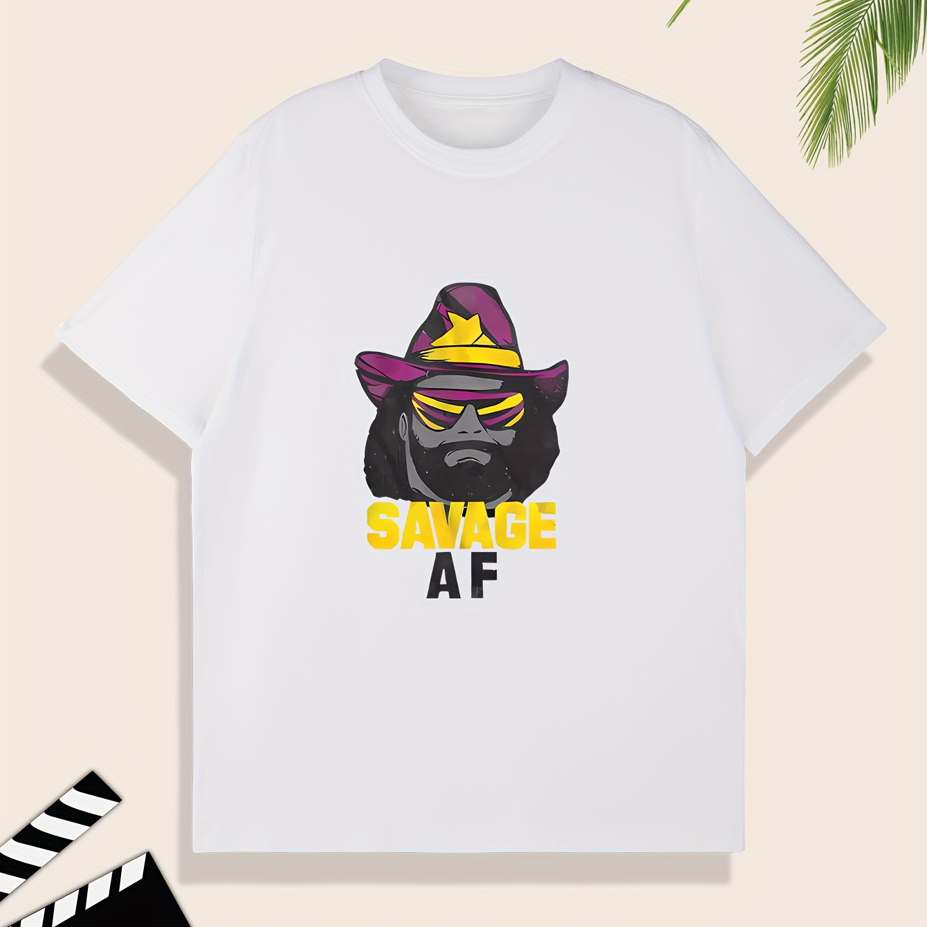 

Male Figure With Hat And Sunglasses Pattern And Letter Print "savage" Crew Neck And Short Sleeve T-shirt, Casual And Stylish Tops For Men's Summer Outdoors Wear, Tees For Men