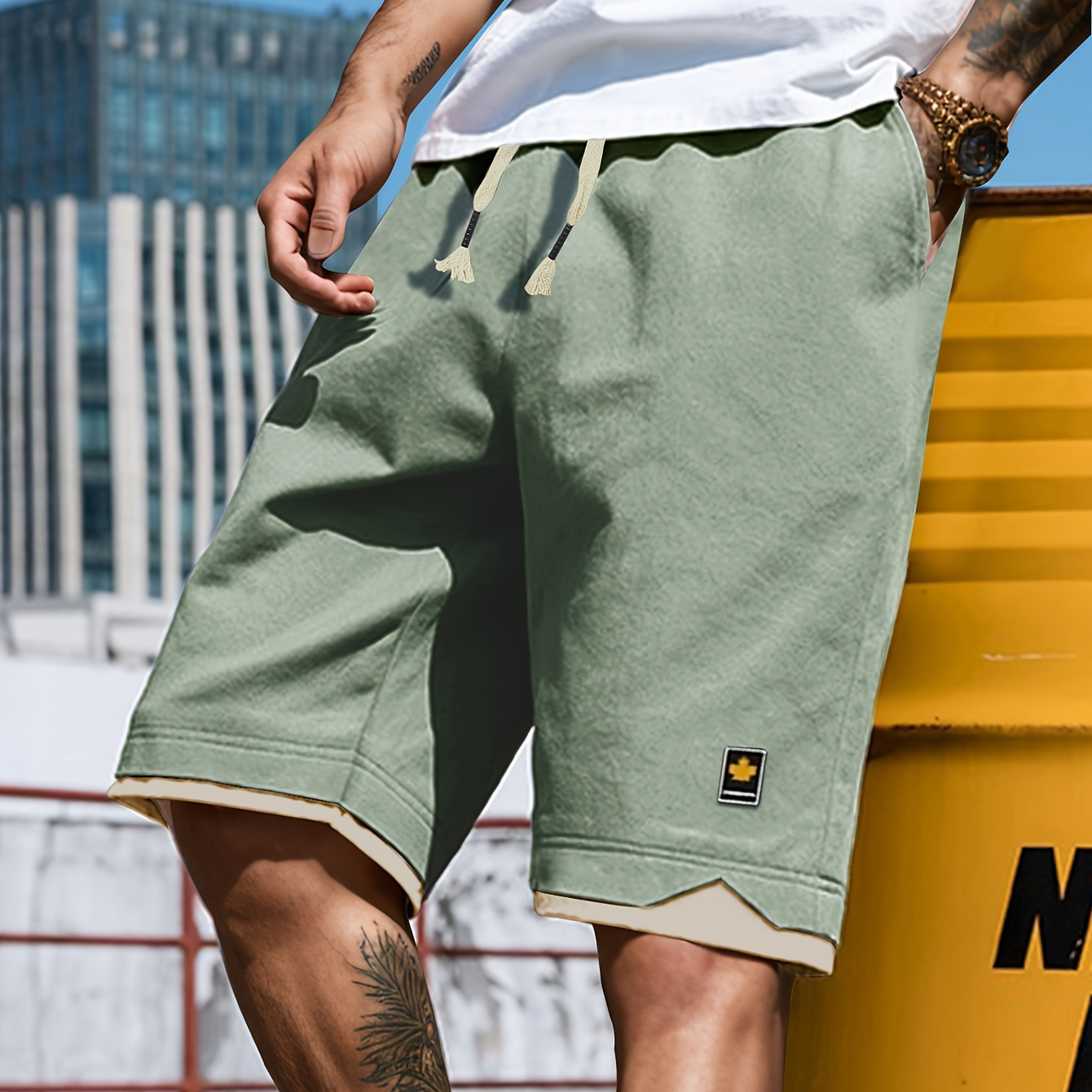 

Men' Shorts With Pockets, Casual Elastic Waist Fake Two-piece Drawstring Shorts For Summer