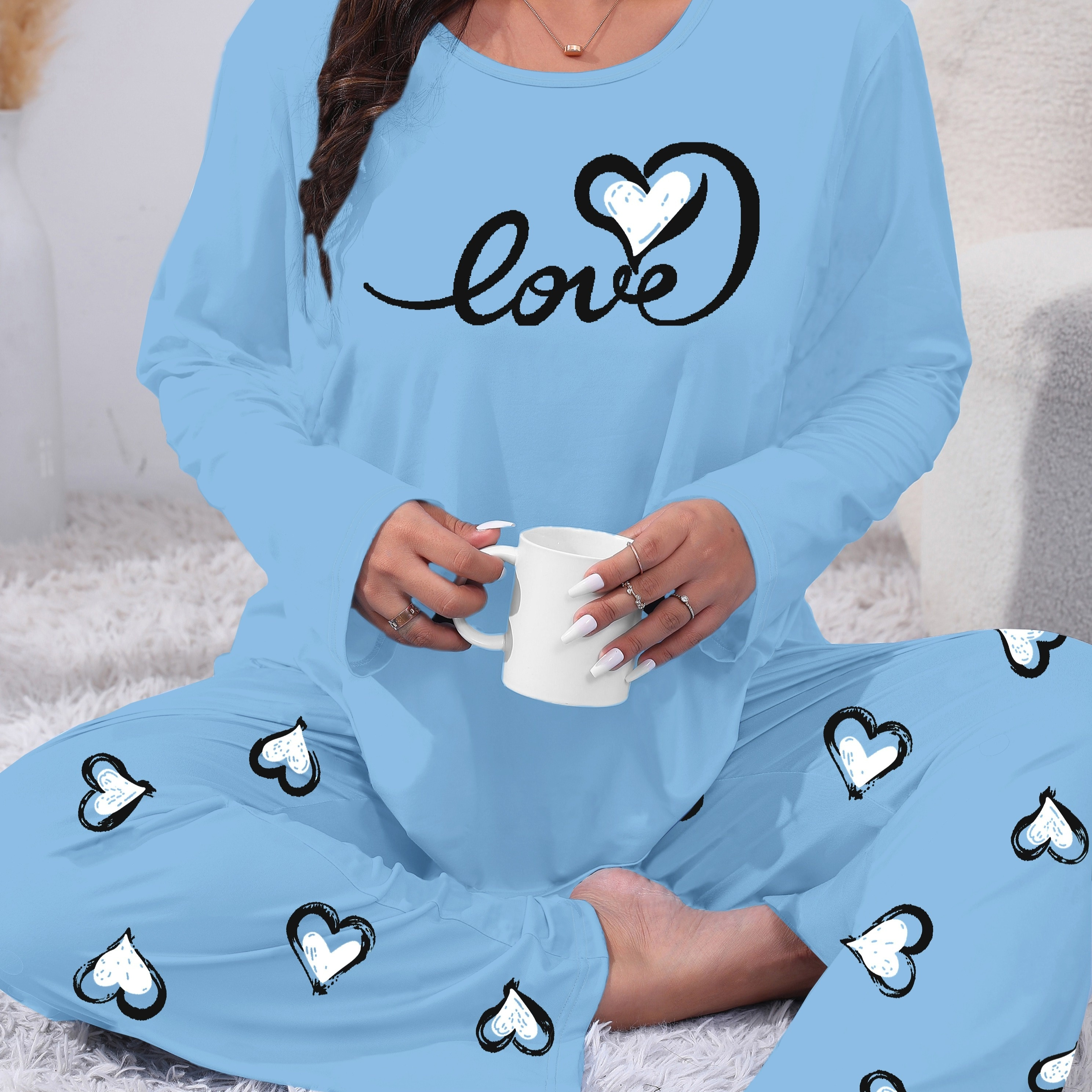 

Plus Size Casual Knit Pajama Sets For Women, Cozy Heart Print Long Sleeve Top And Pants Lounge Sleepwear, Polyester 95% Elastane 5% Stretch, Fall Season Fit